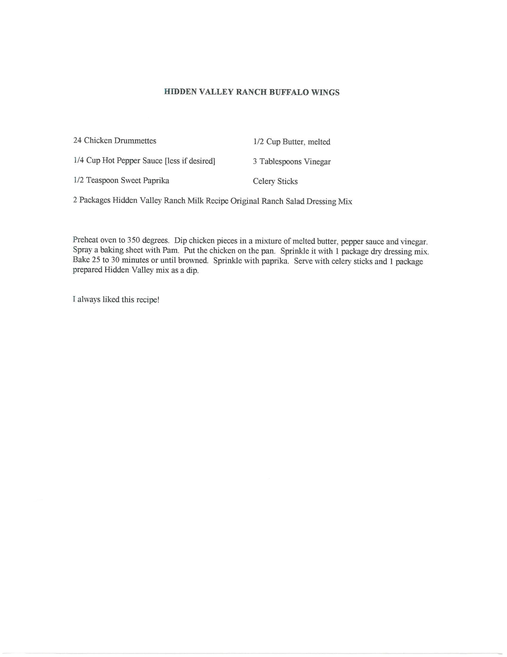 Original cookbook page for Hidden Valley Ranch Buffalo Wings