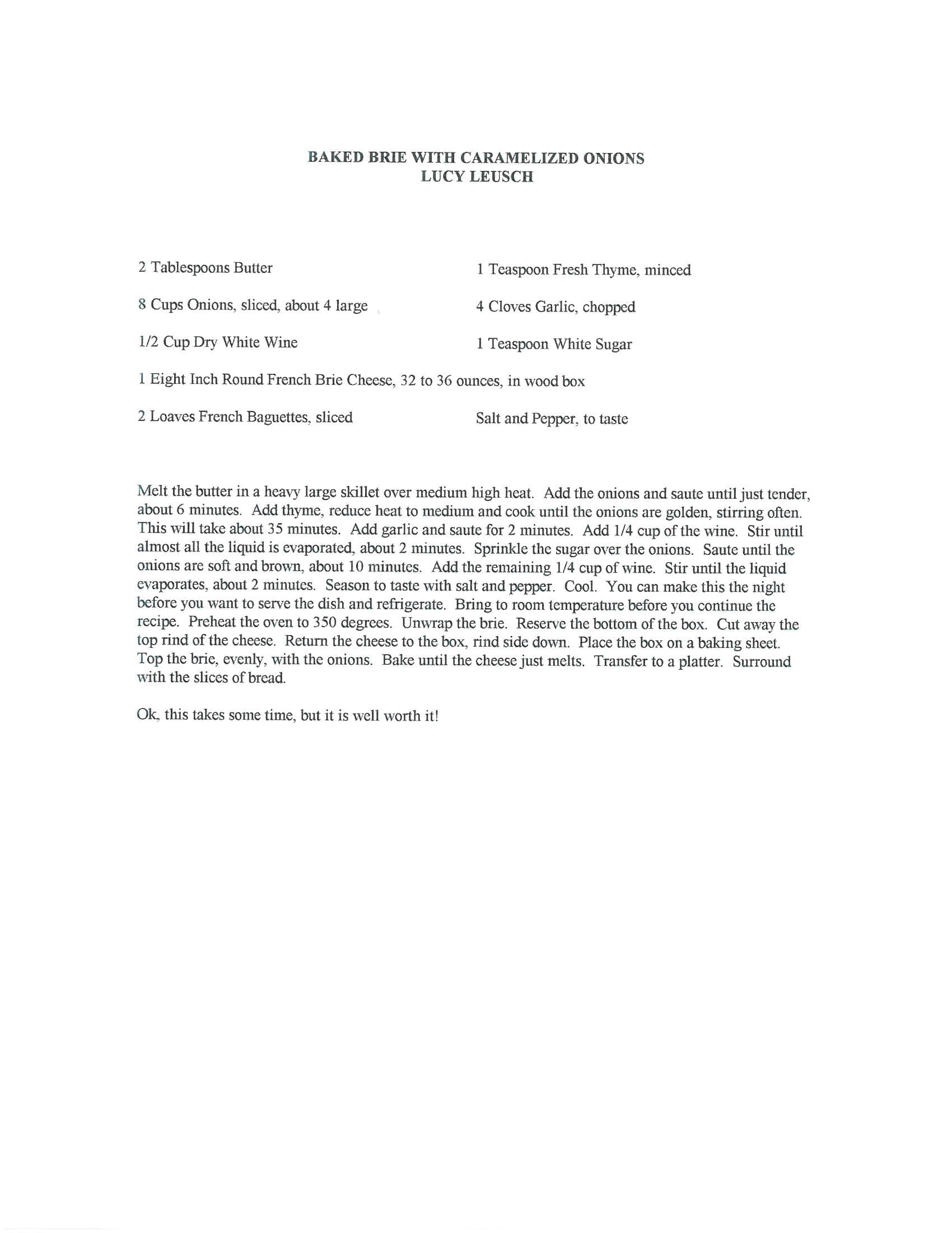 Original cookbook page for Baked Brie with Caramelized Onions