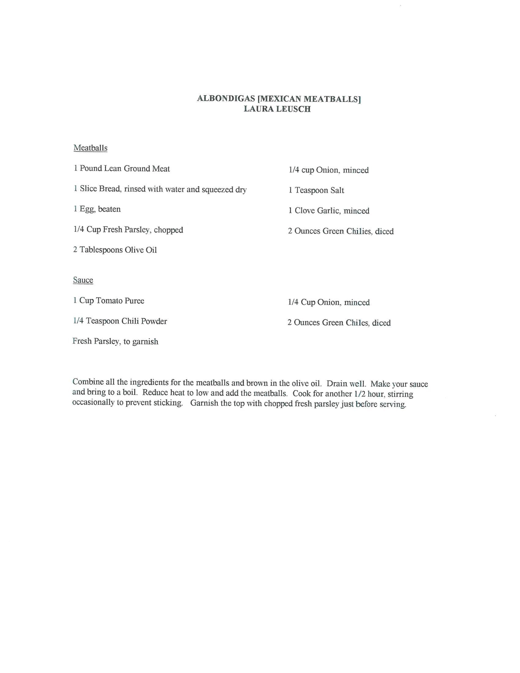 Original cookbook page for Albondigas [Mexican Meatballs]