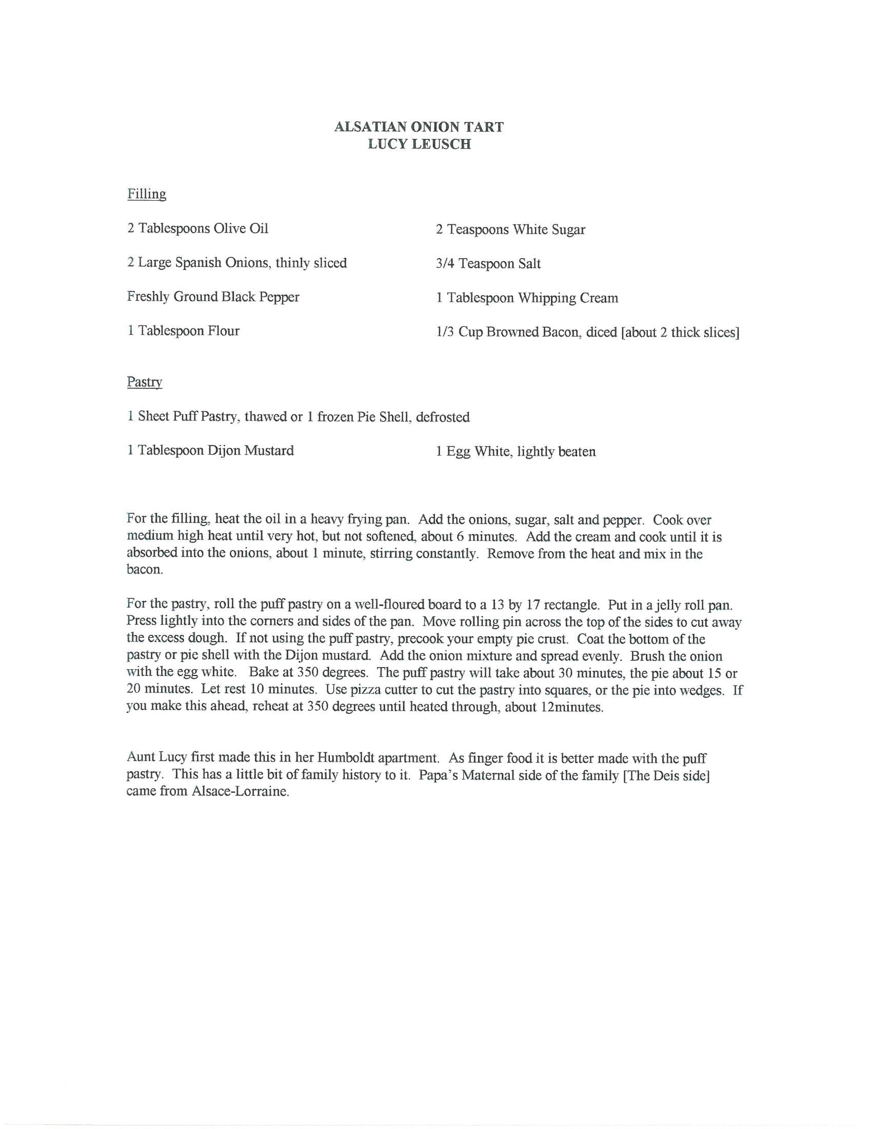 Original cookbook page for Alsatian Onion Tart