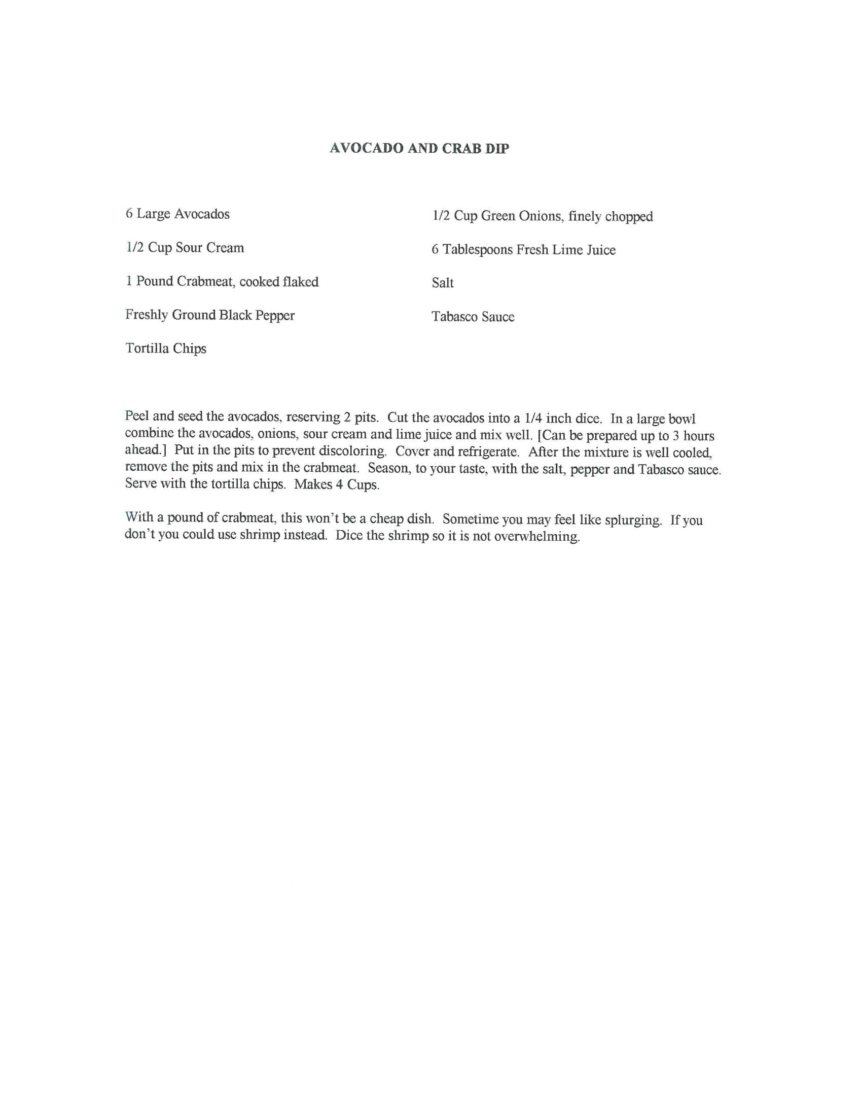 Original cookbook page for Avocado and Crab Dip