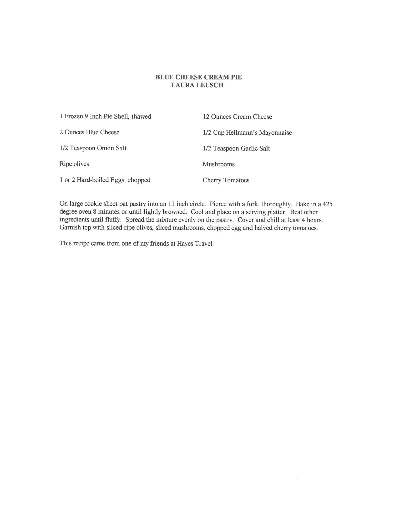 Original cookbook page for Blue Cheese Cream Pie