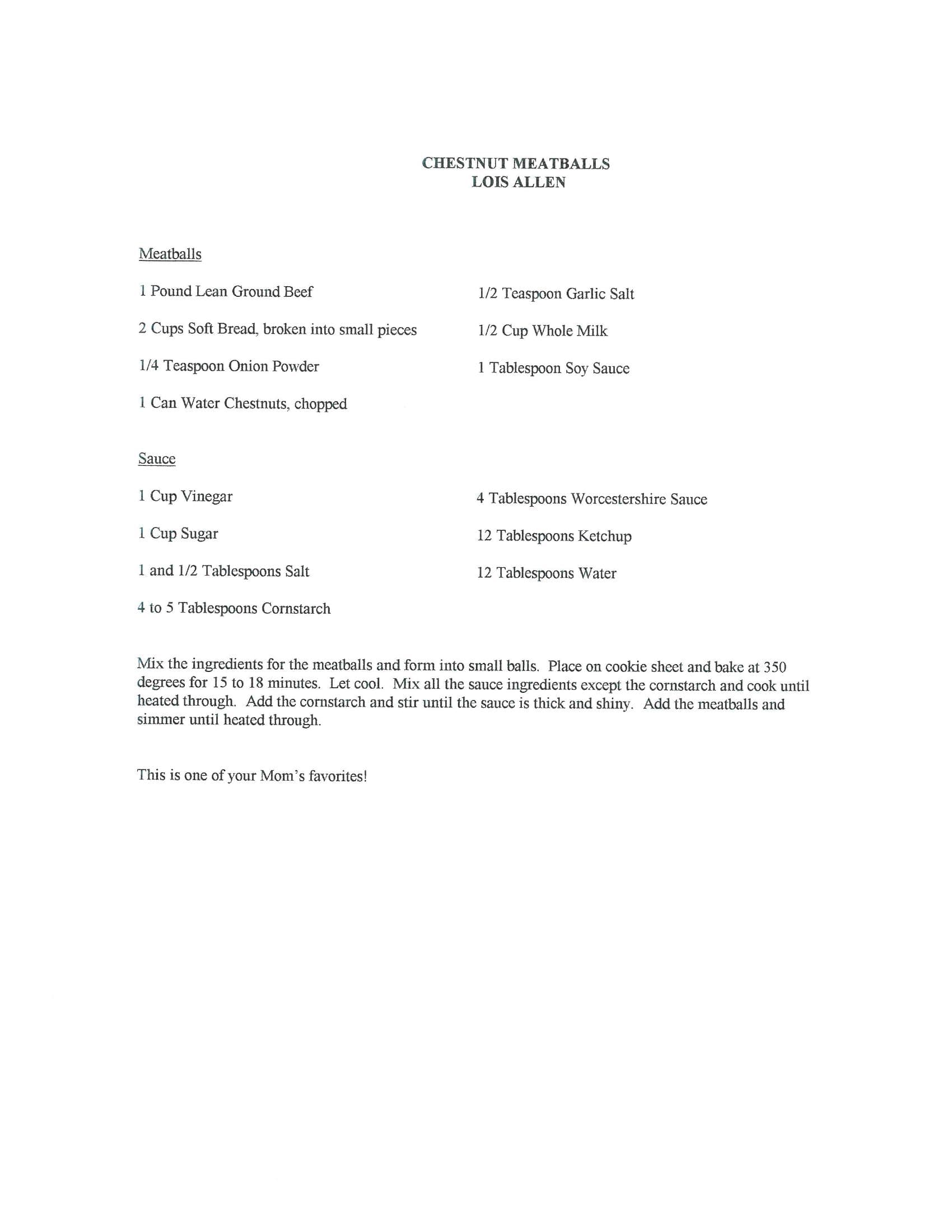 Original cookbook page for Chestnut Meatballs