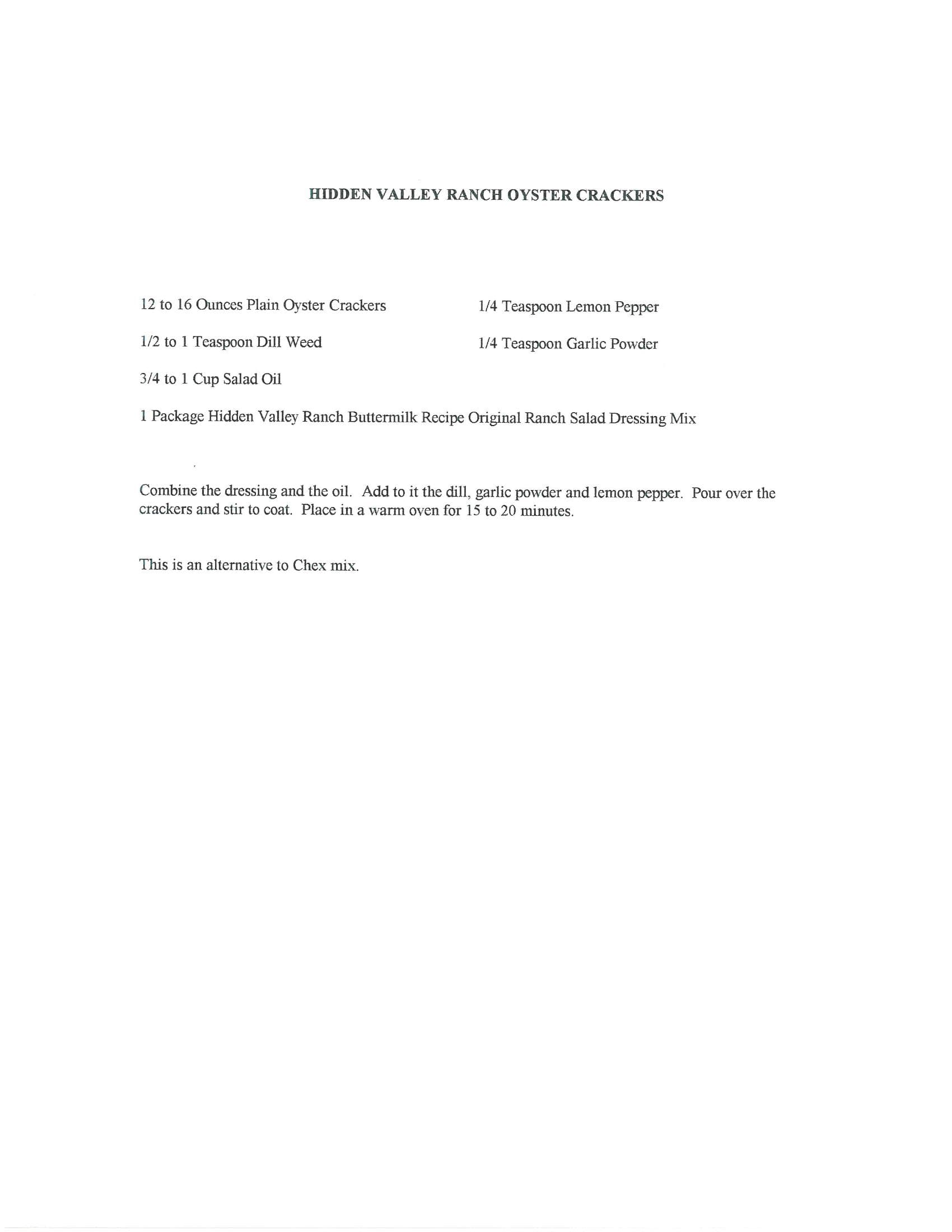 Original cookbook page for Hidden Valley Ranch Oyster Crackers