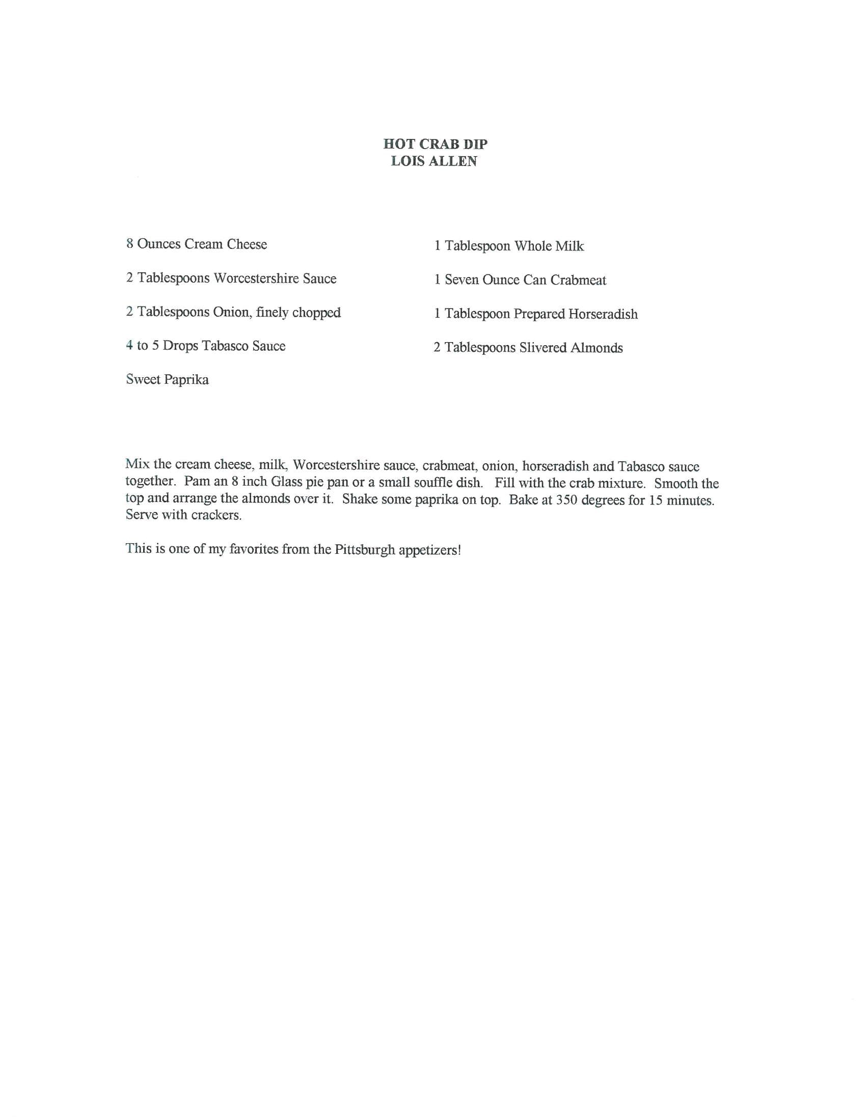 Original cookbook page for Hot Crab Dip