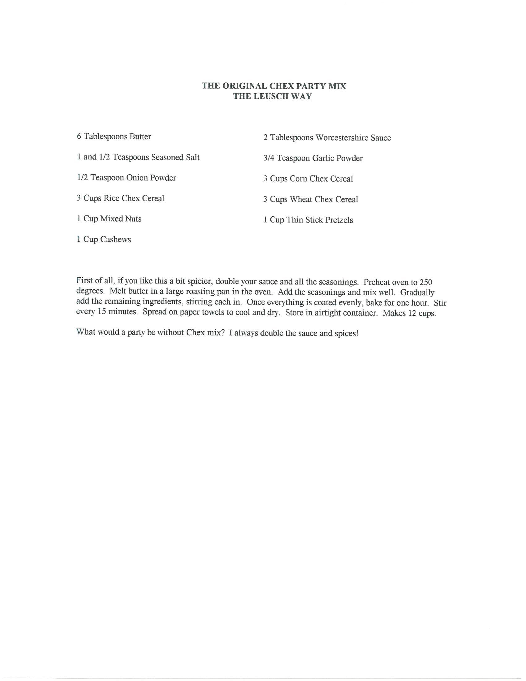 Original cookbook page for The Original Chex Party Mix the Leusch Way