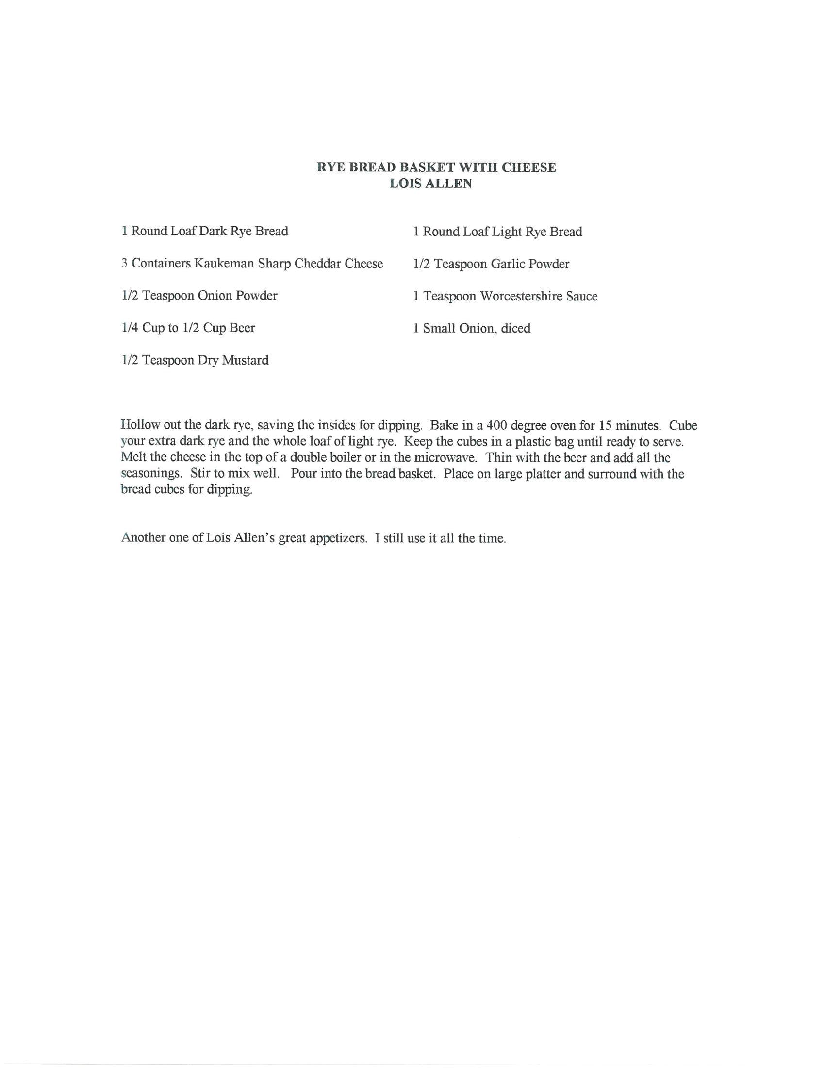 Original cookbook page for Rye Bread Basket with Cheese