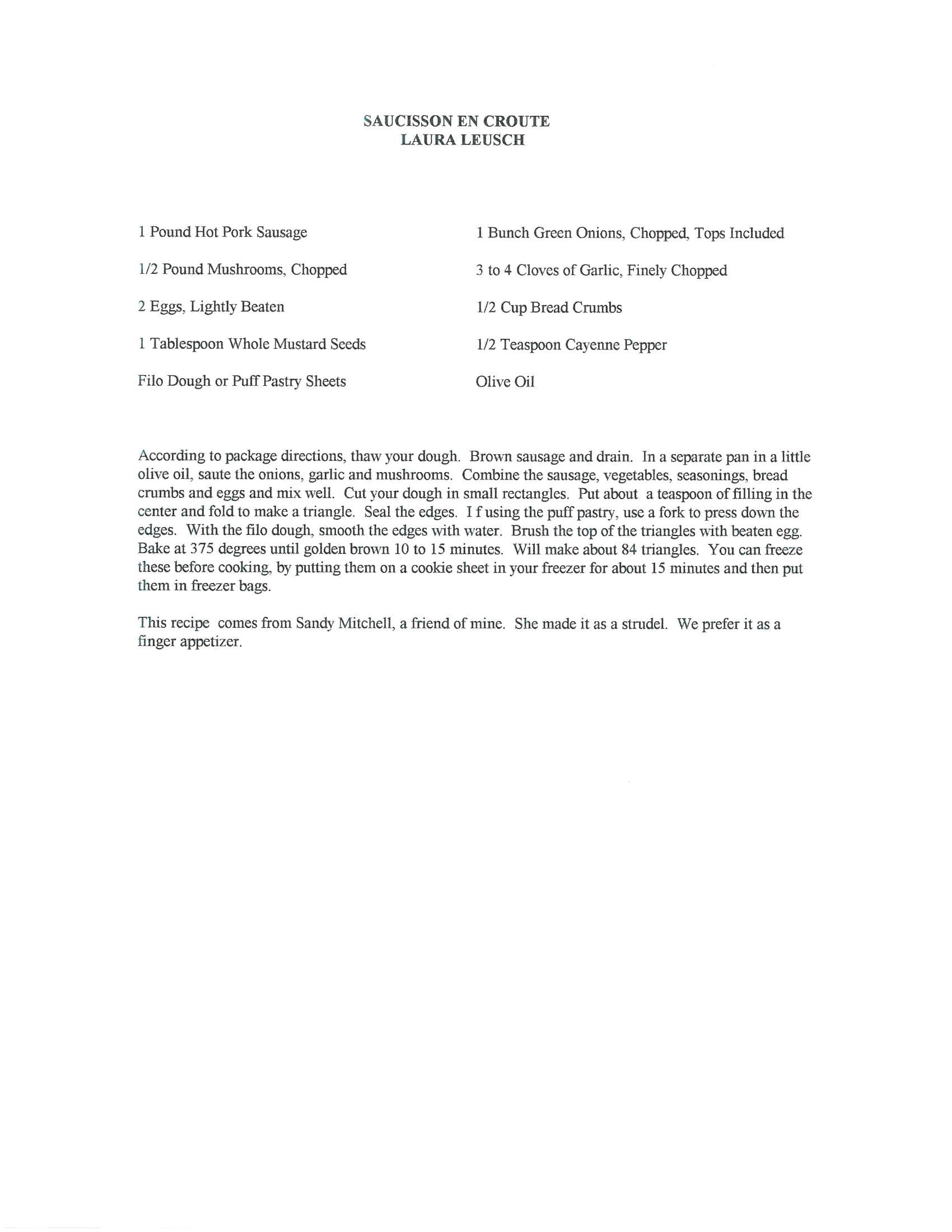 Original cookbook page for Saucisson En Croute