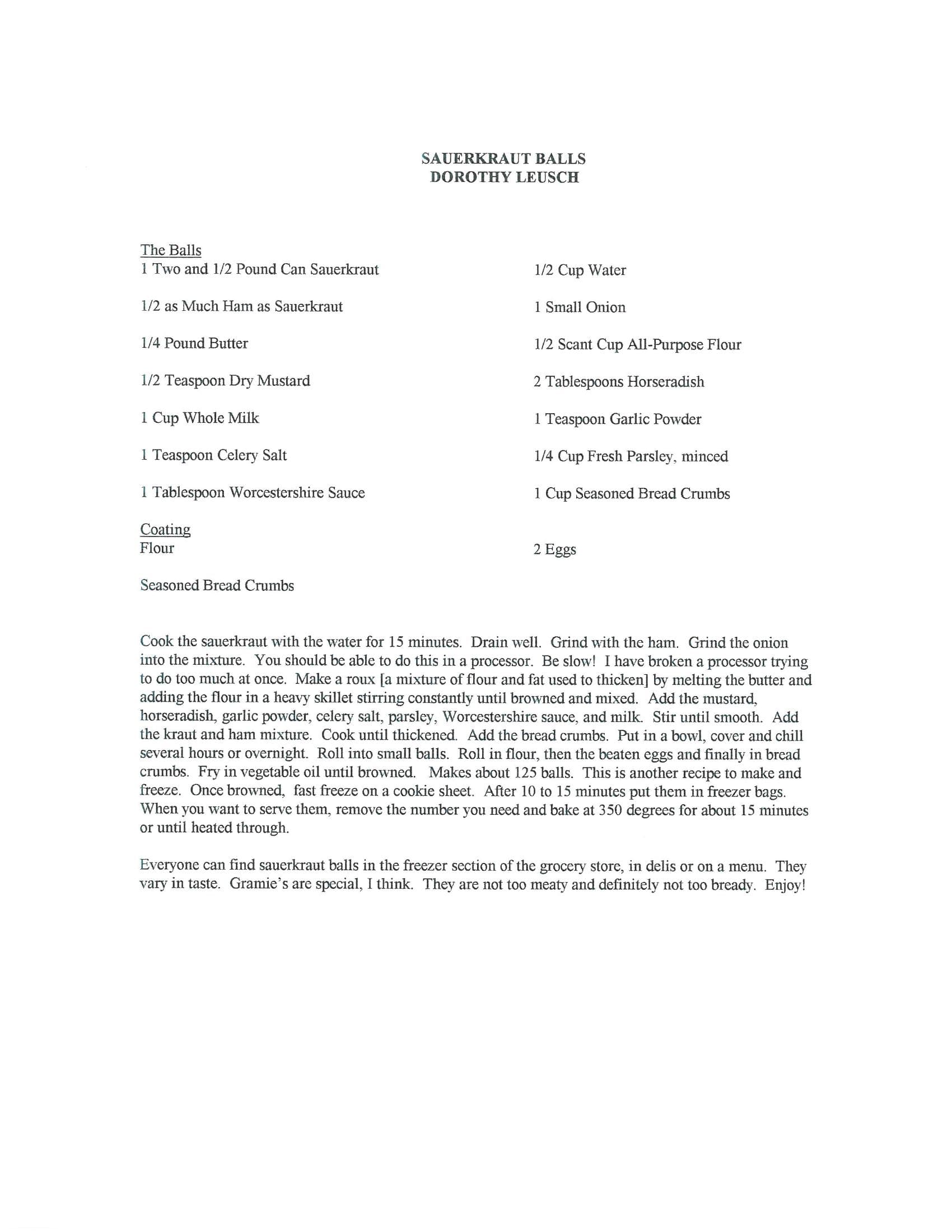 Original cookbook page for Sauerkraut Balls