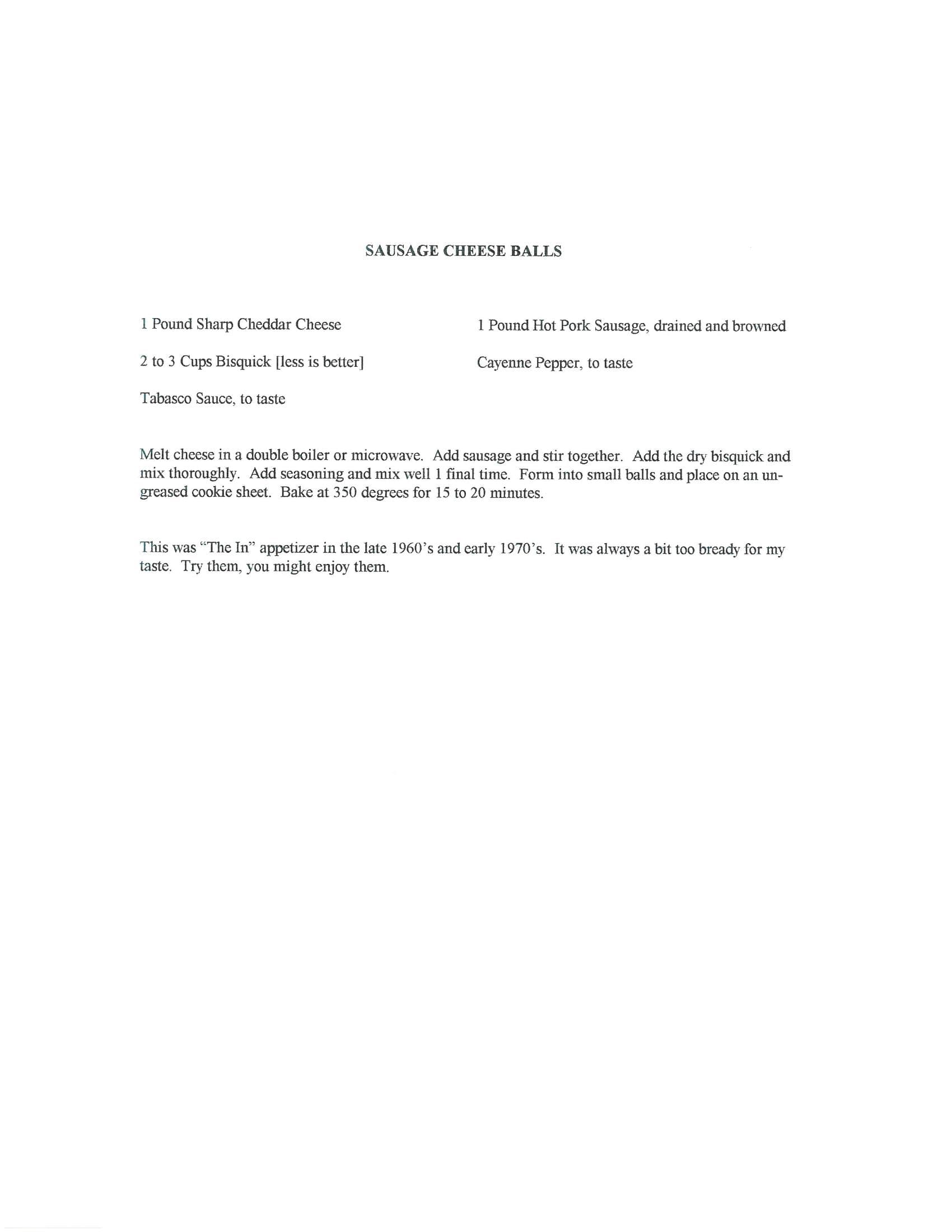 Original cookbook page for Sausage Cheese Balls