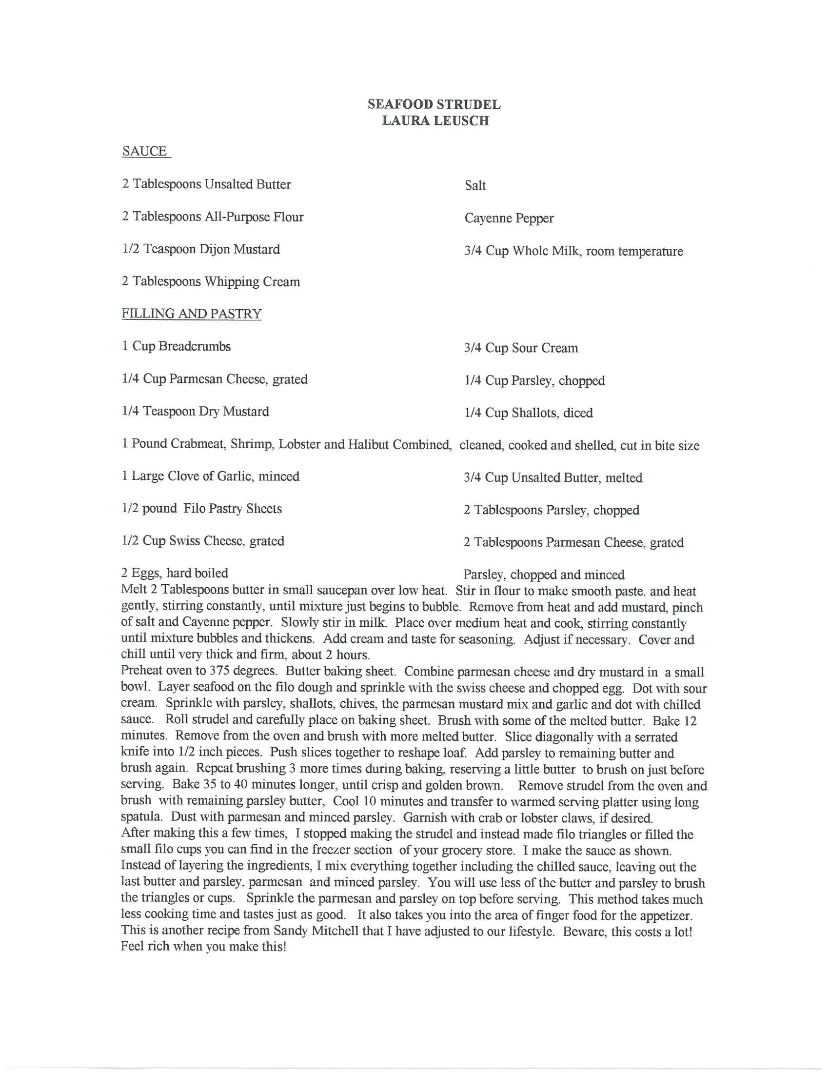 Original cookbook page for Seafood Strudel
