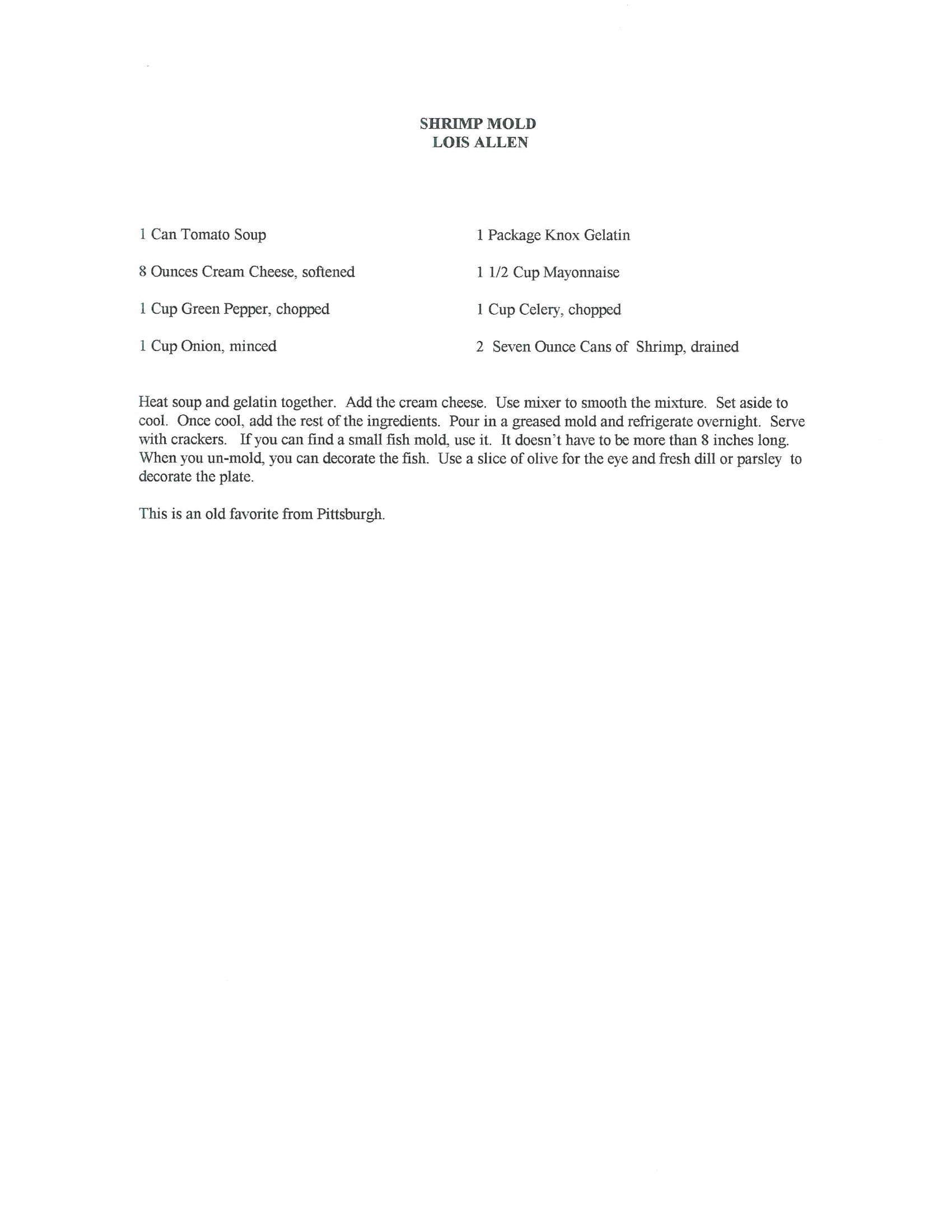 Original cookbook page for Shrimp Mold