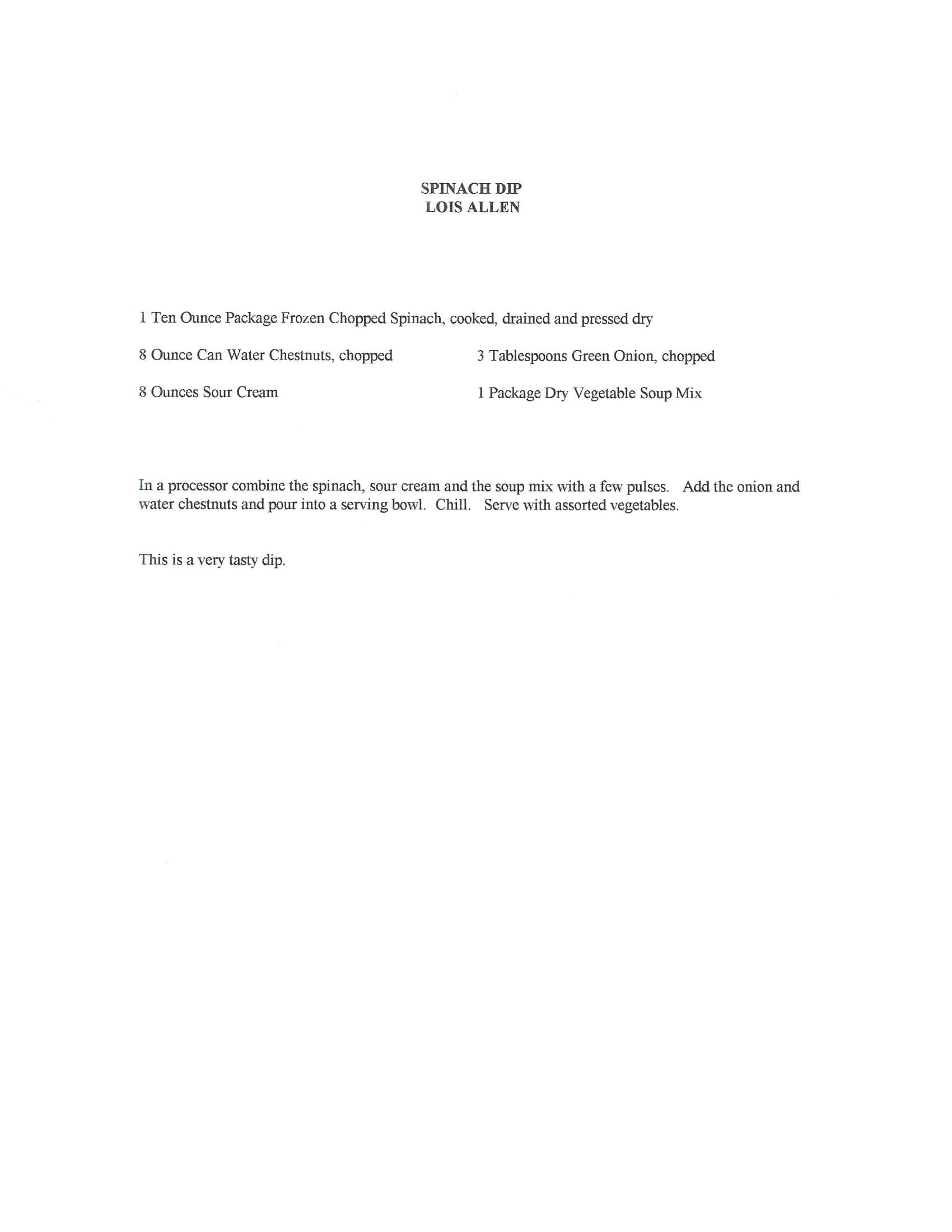 Original cookbook page for Spinach Dip