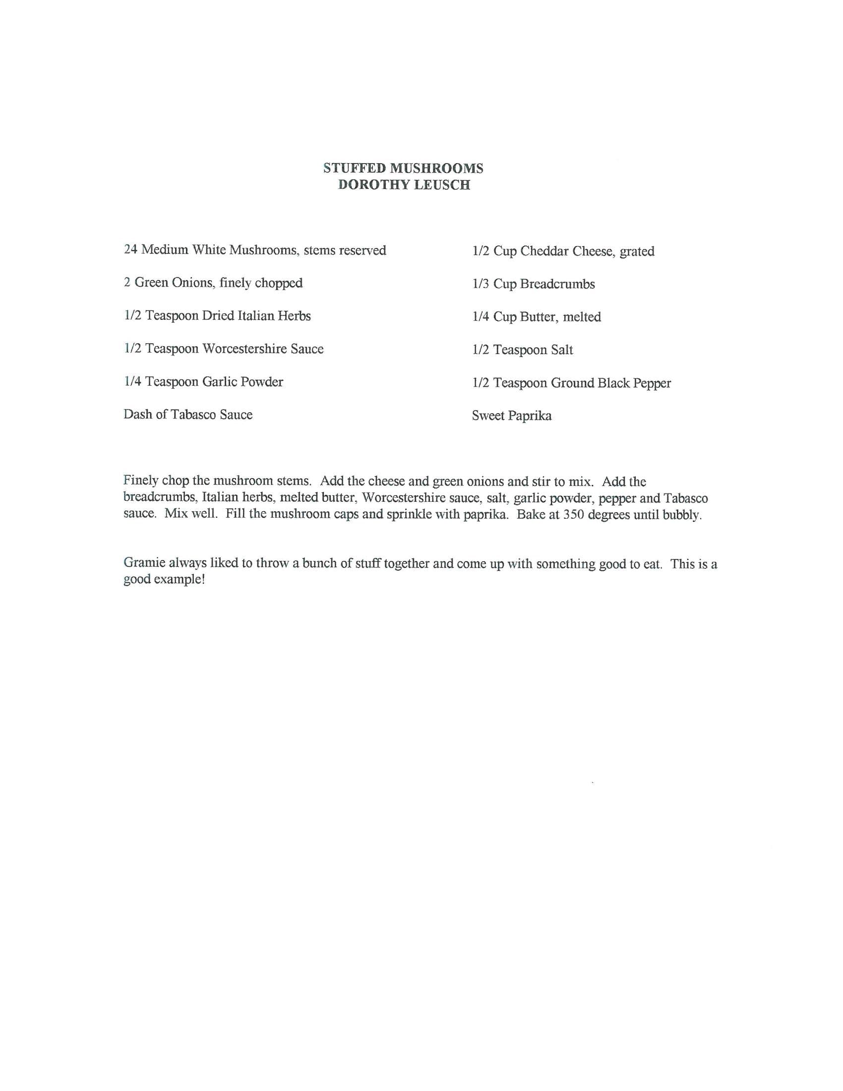Original cookbook page for Stuffed Mushrooms