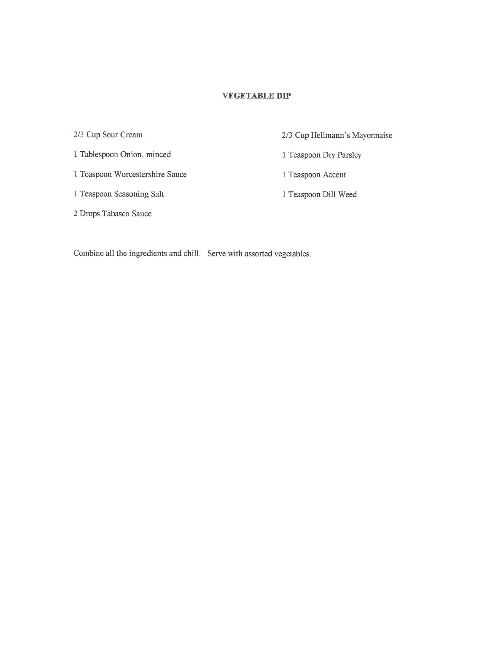 Original cookbook page for Vegetable Dip