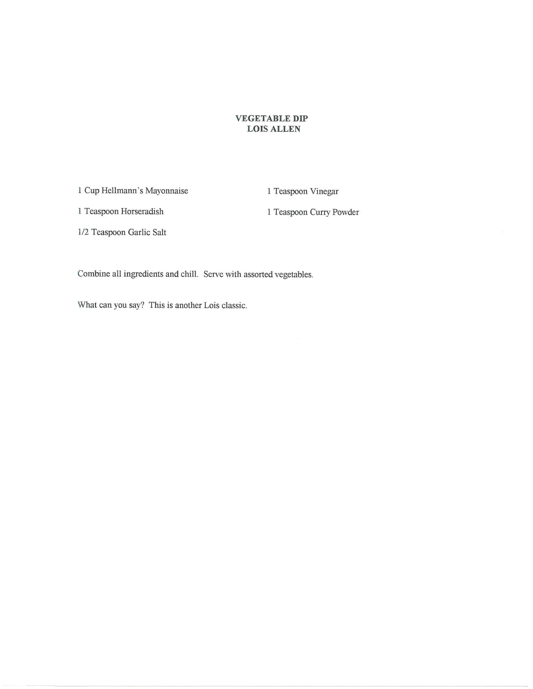 Original cookbook page for Vegetable Dip