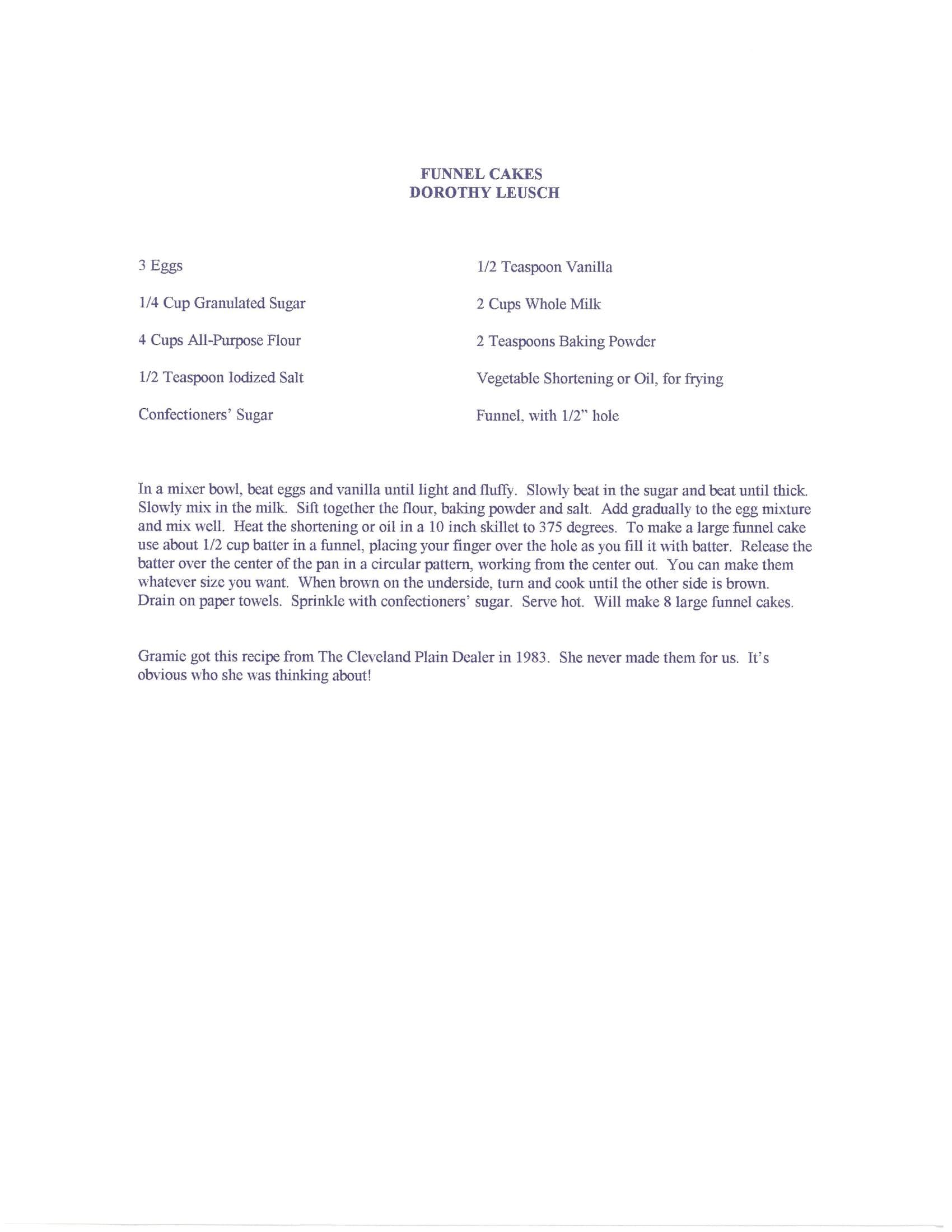 Original cookbook page for Funnel Cakes