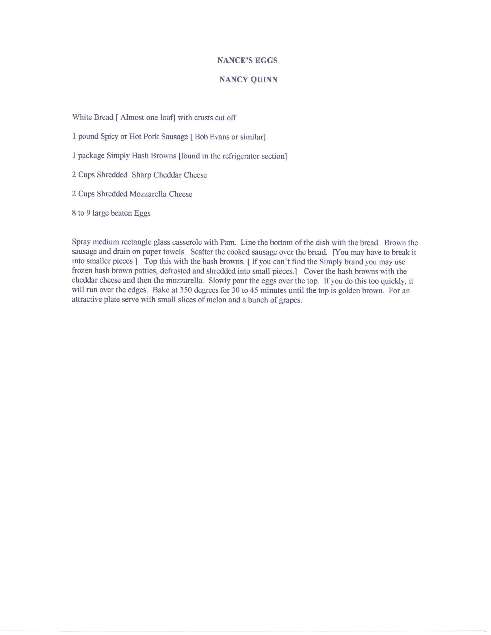 Original cookbook page for Nance's Eggs