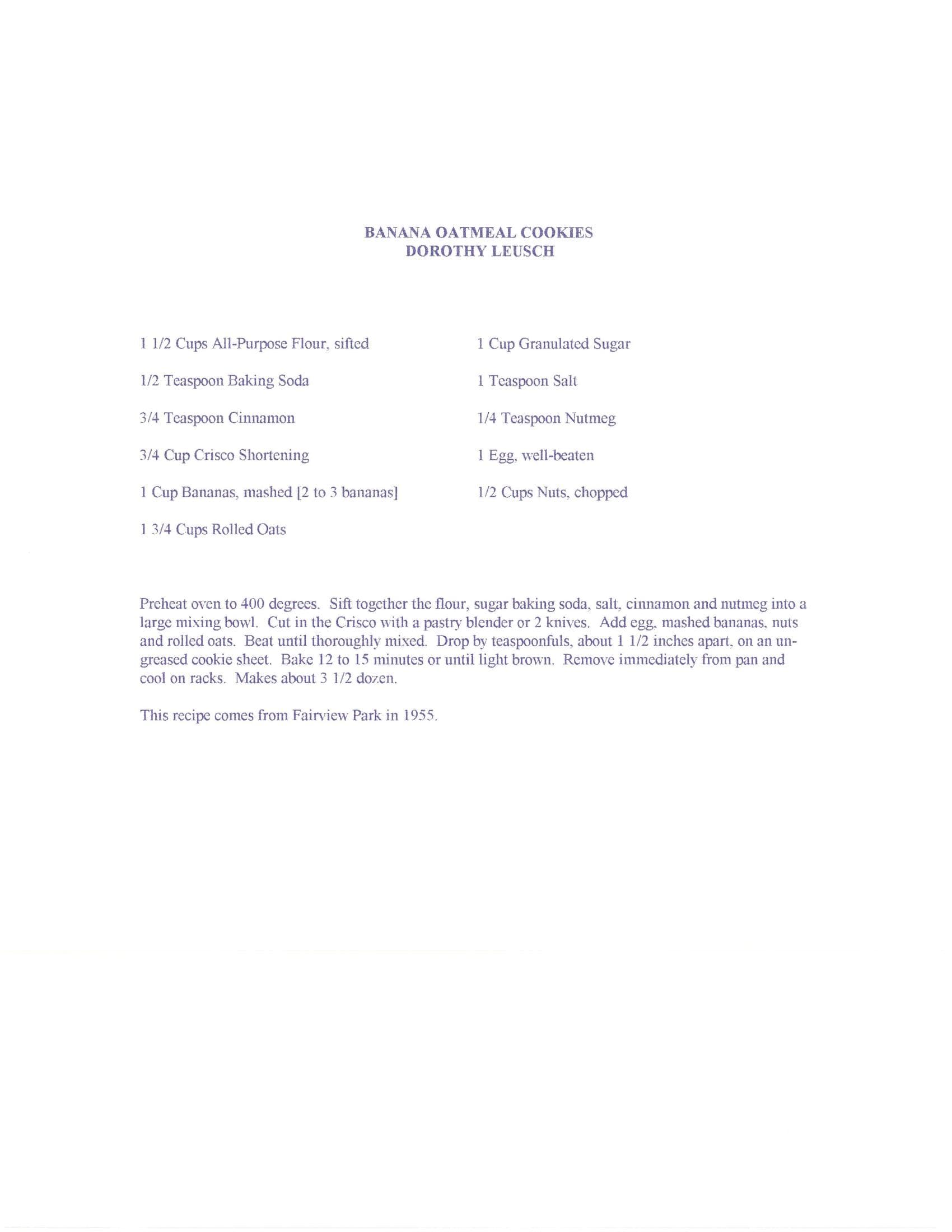 Original cookbook page for Banana Oatmeal Cookies