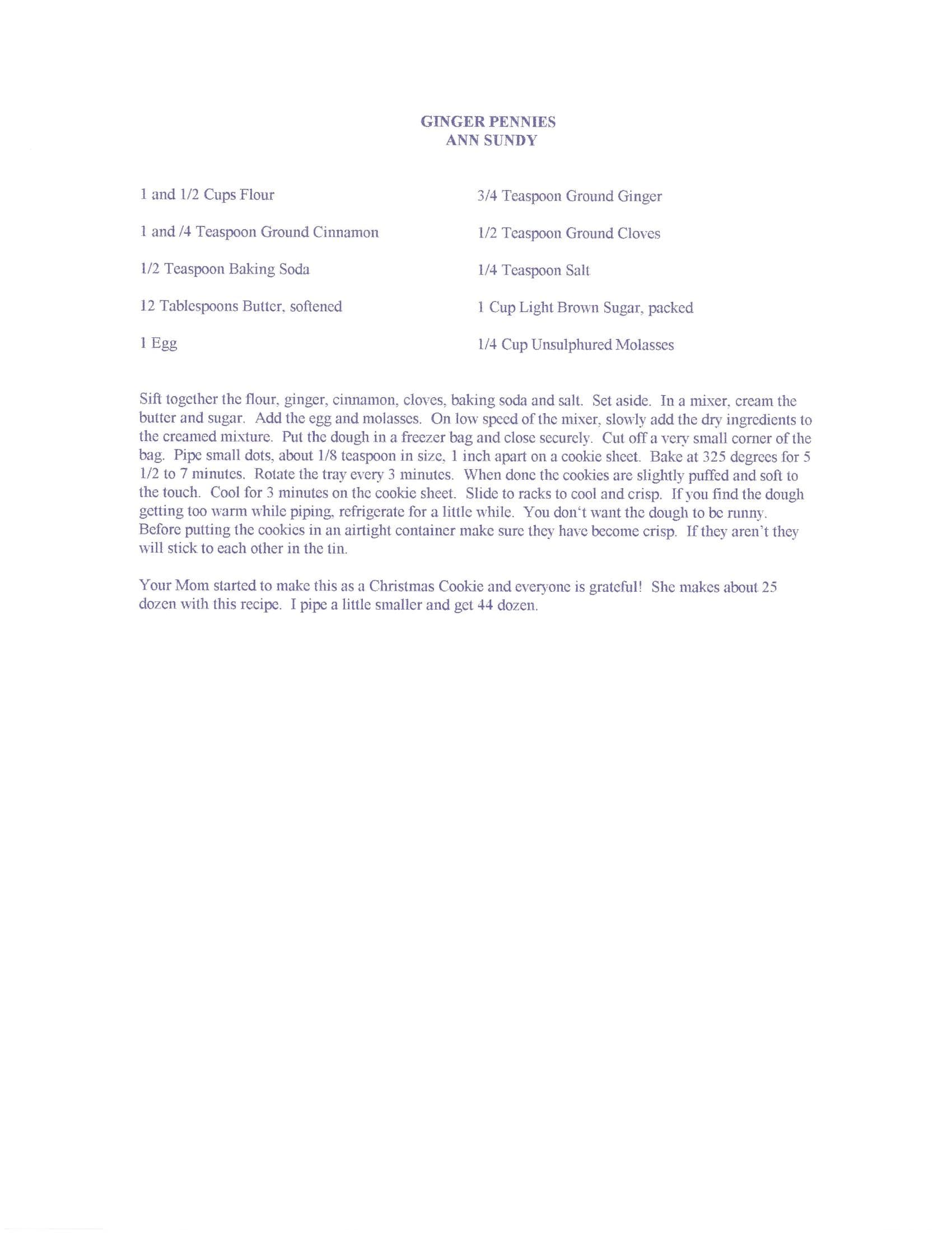 Original cookbook page for Ginger Pennies