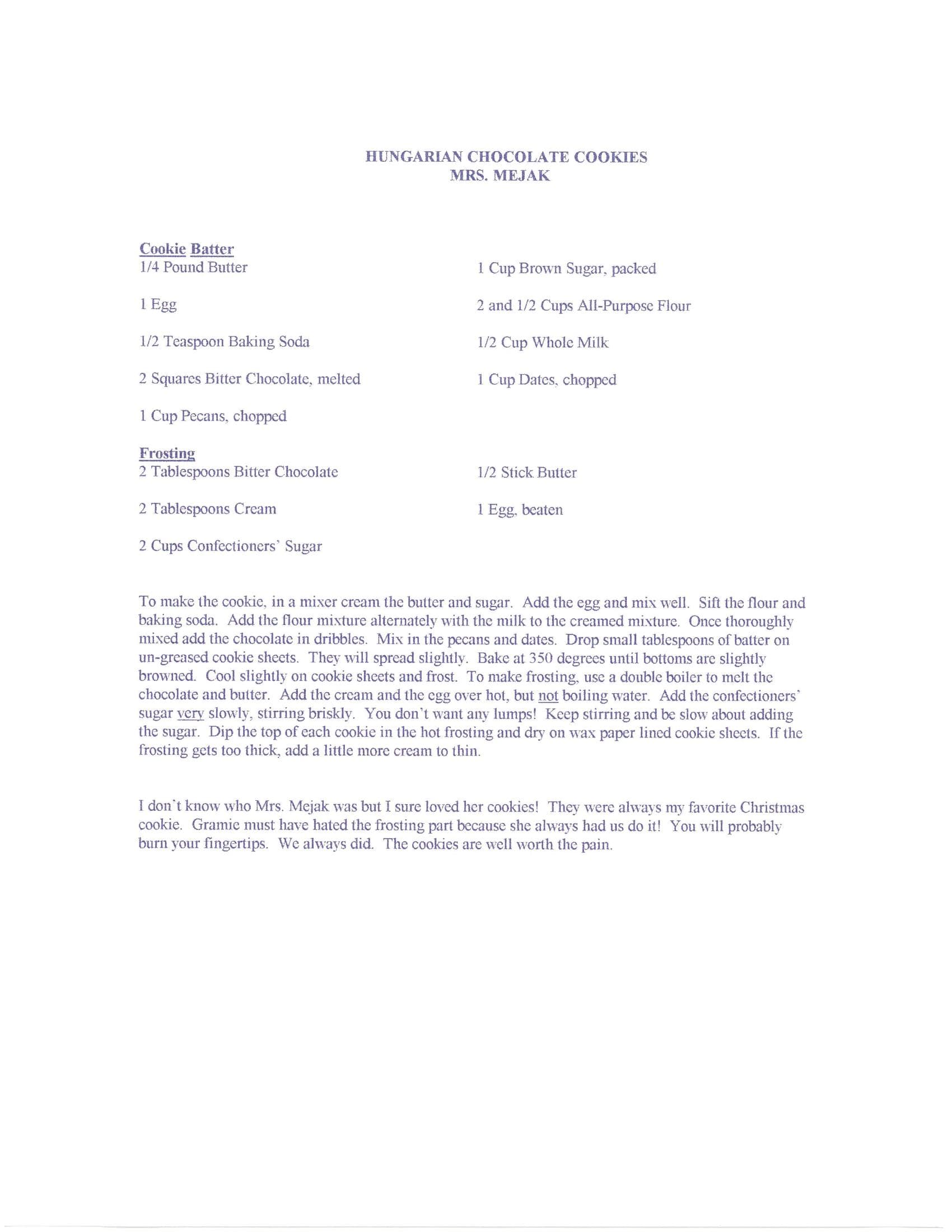 Original cookbook page for Hungarian Chocolate Cookies