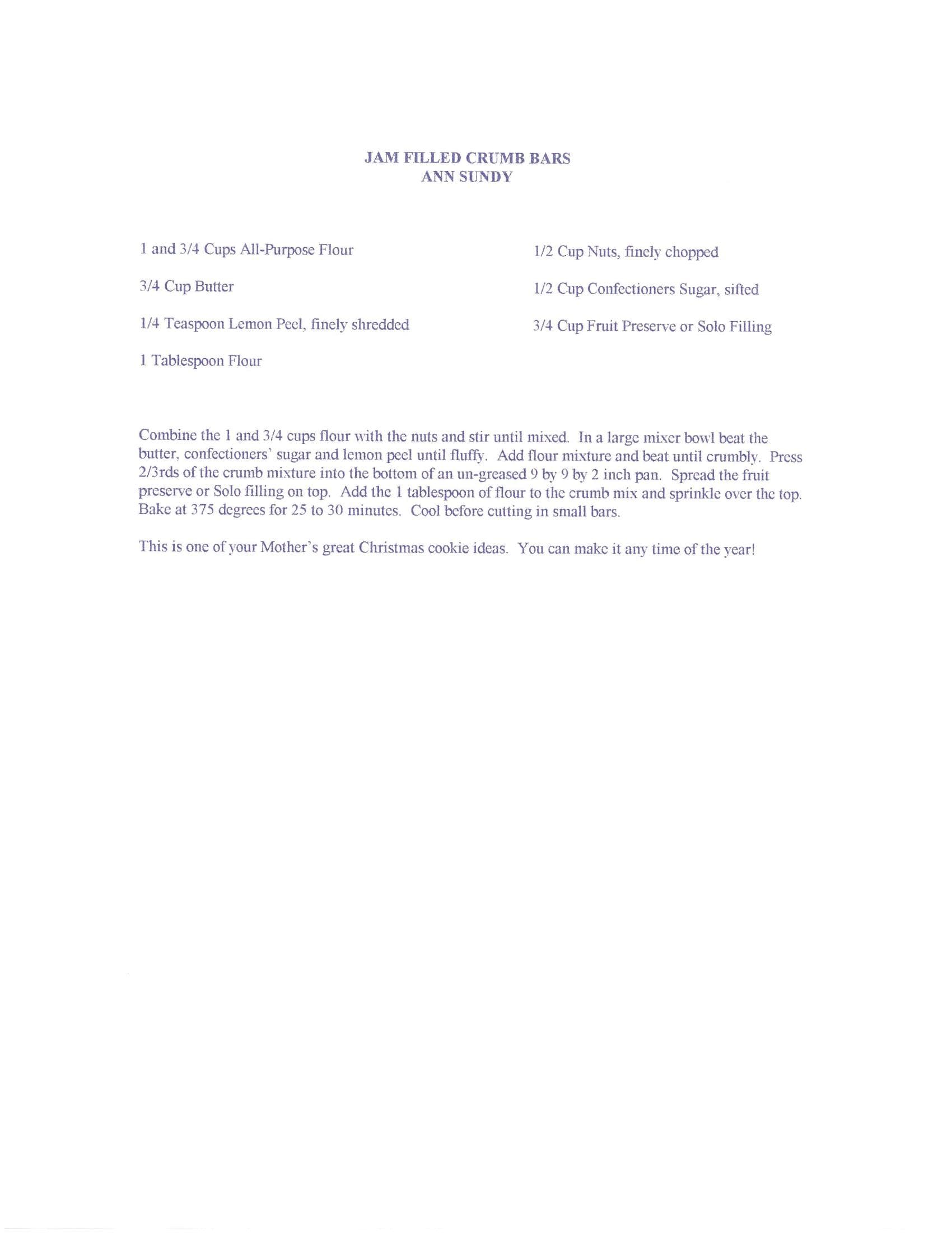 Original cookbook page for Jam Filled Crumb Bars