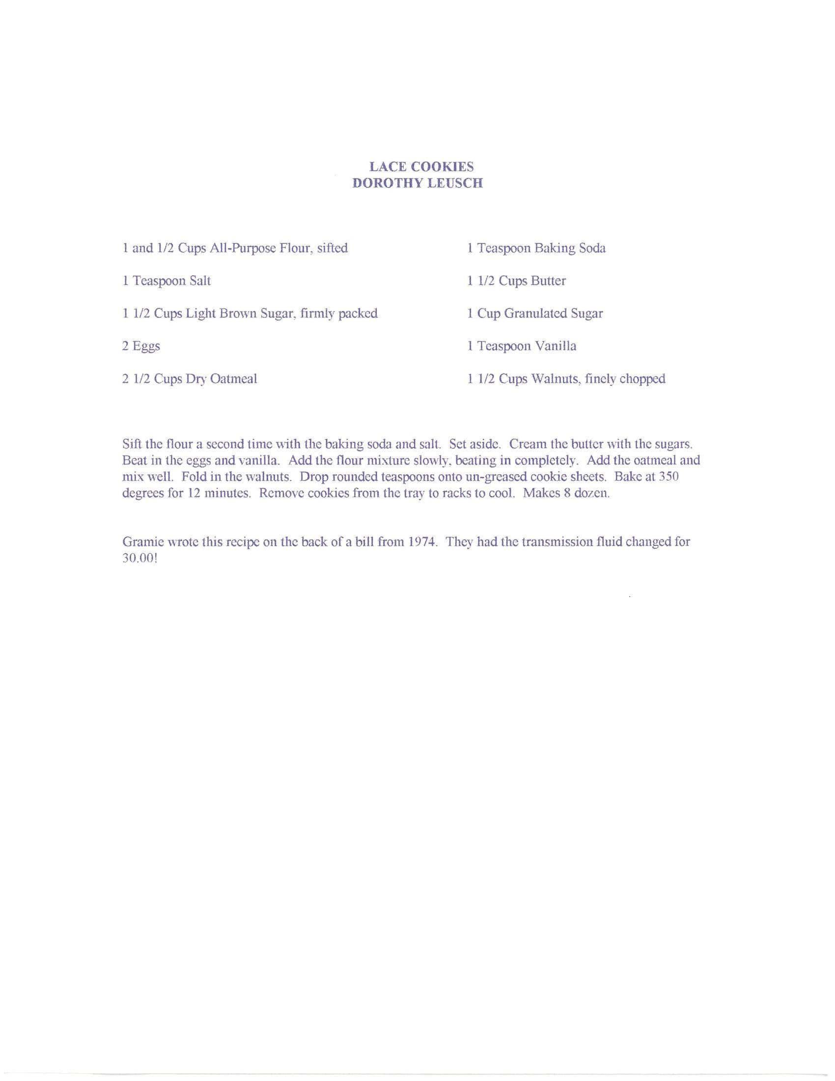 Original cookbook page for Lace Cookies