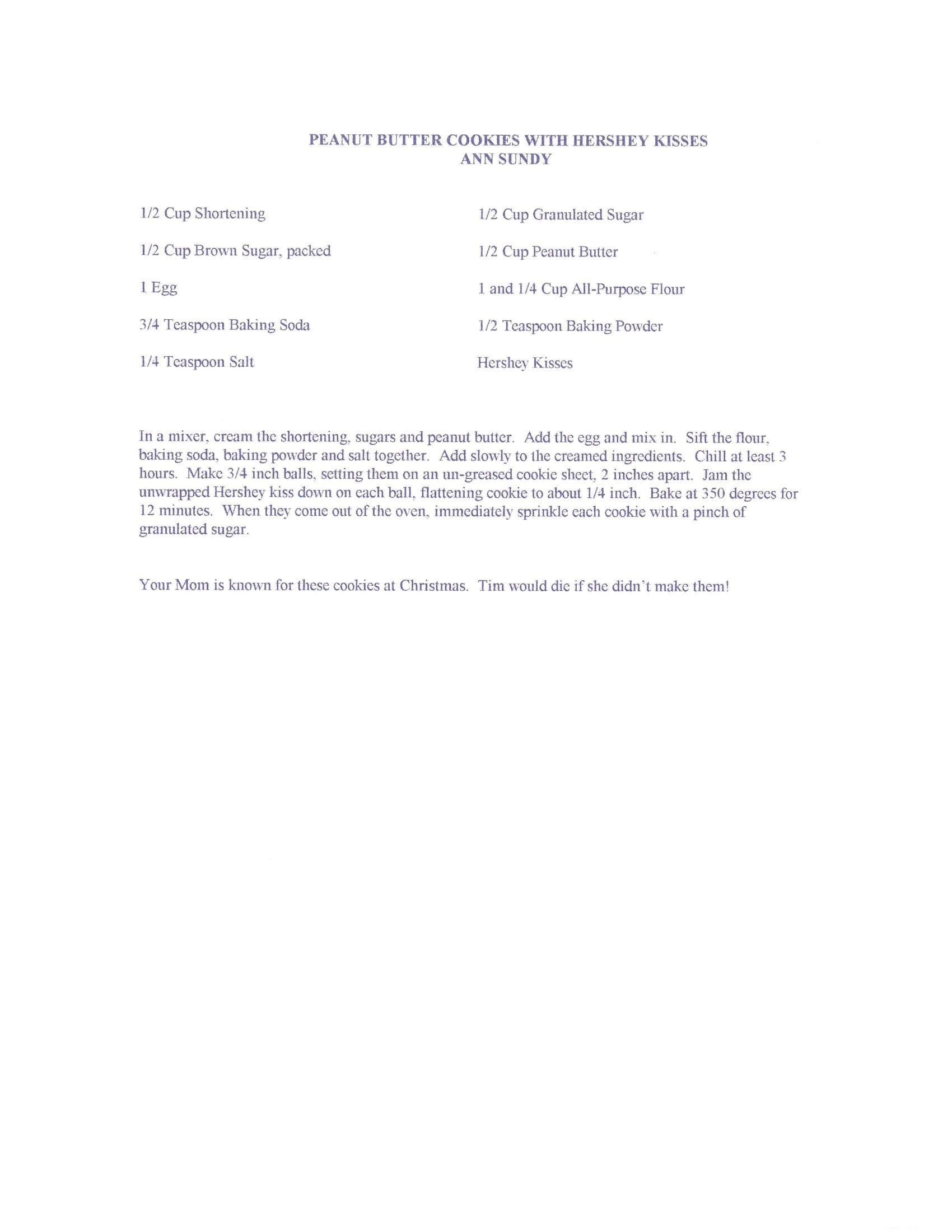 Original cookbook page for Peanut Butter Cookies with Hershey Kisses