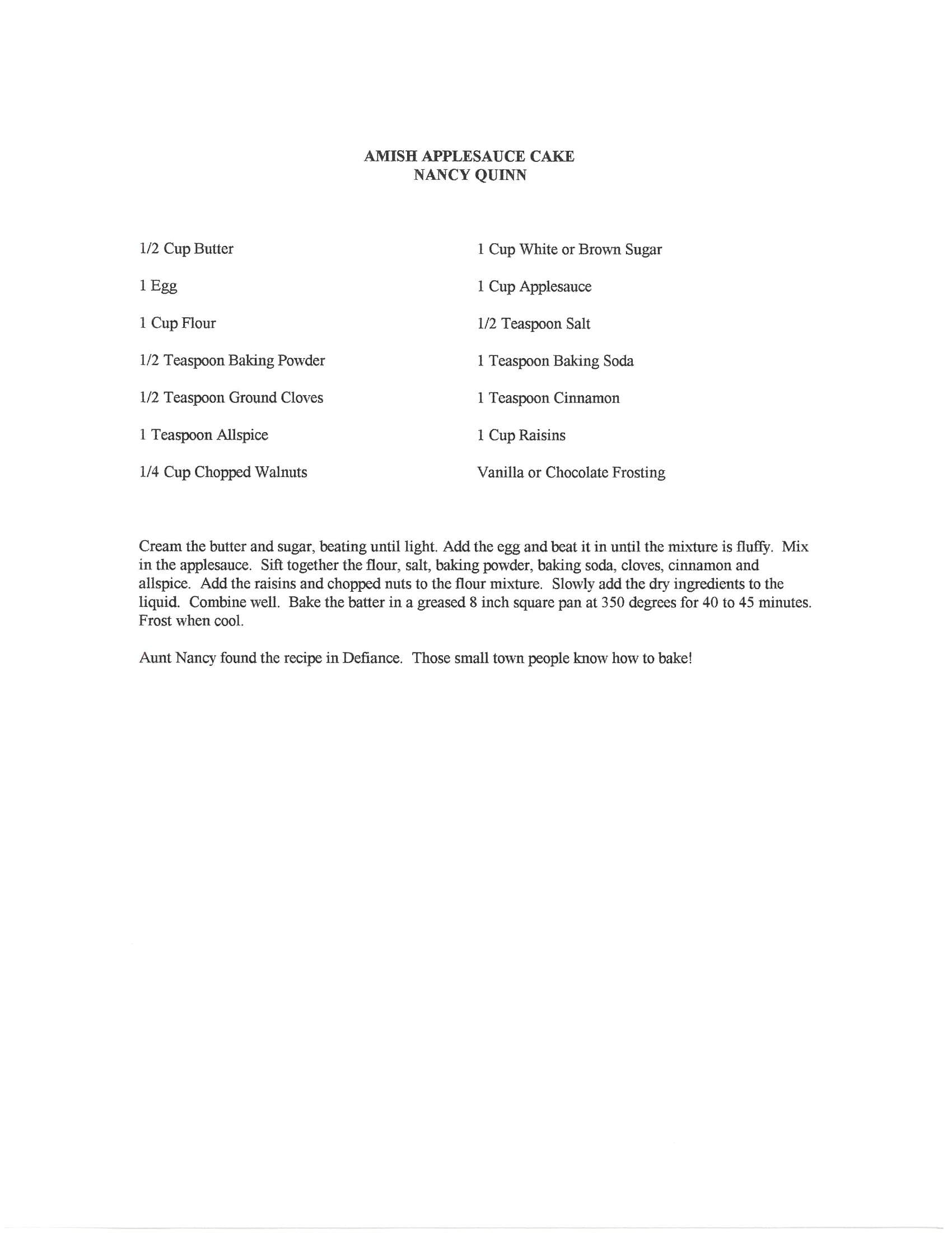 Original cookbook page for Amish Applesauce Cake