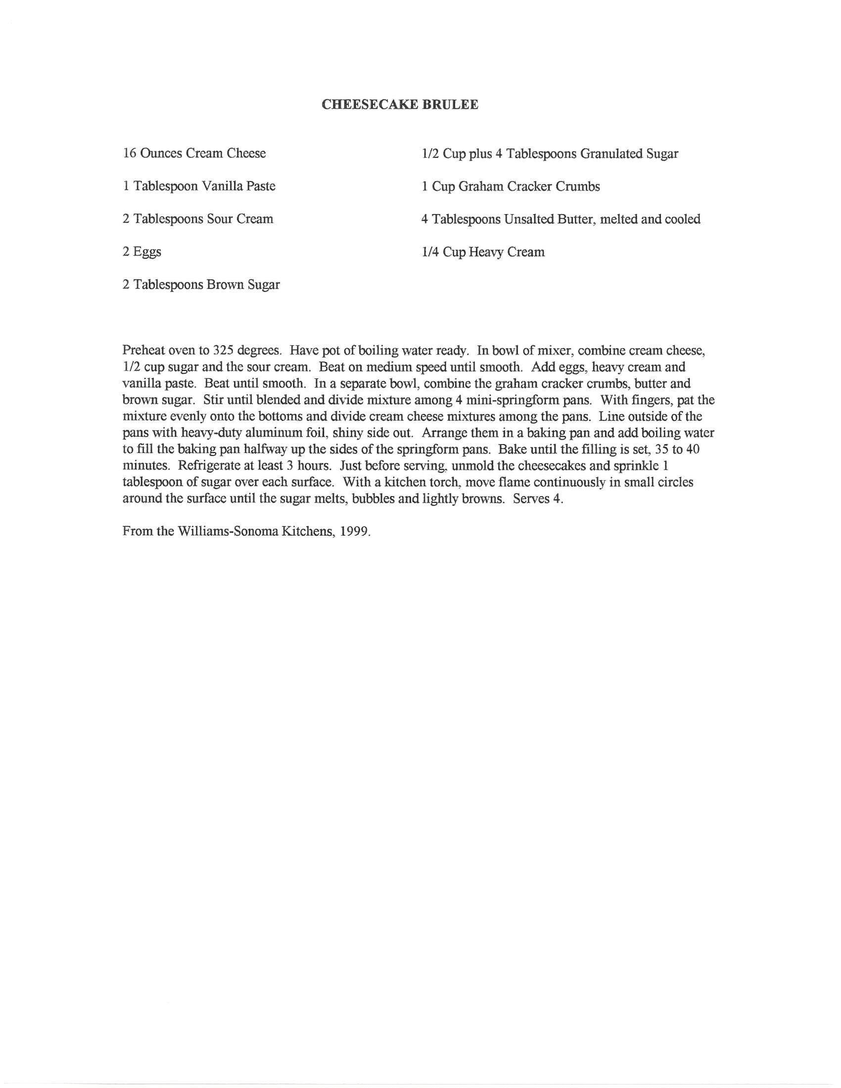 Original cookbook page for Cheesecake Brulee