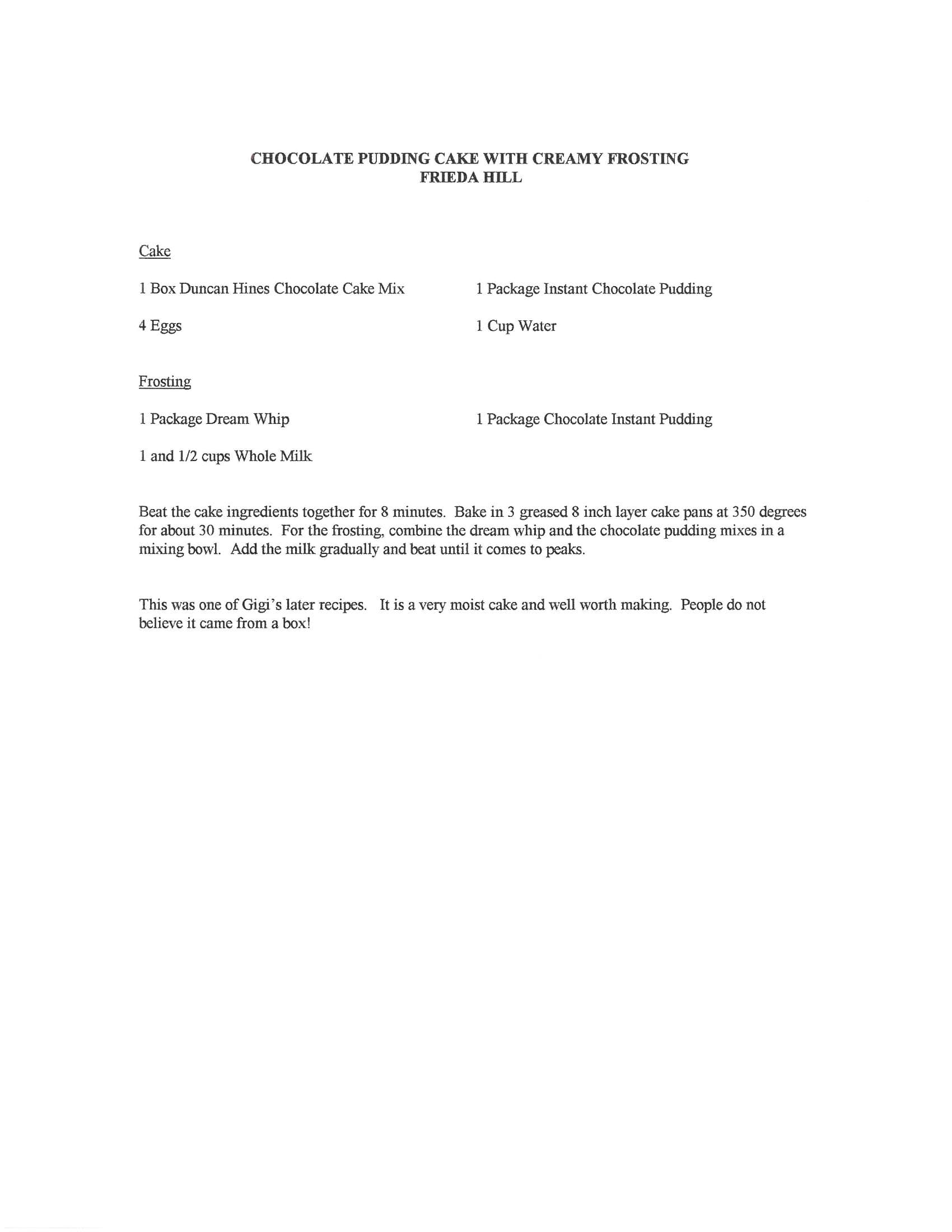 Original cookbook page for Chocolate Pudding Cake with Creamy Frosting