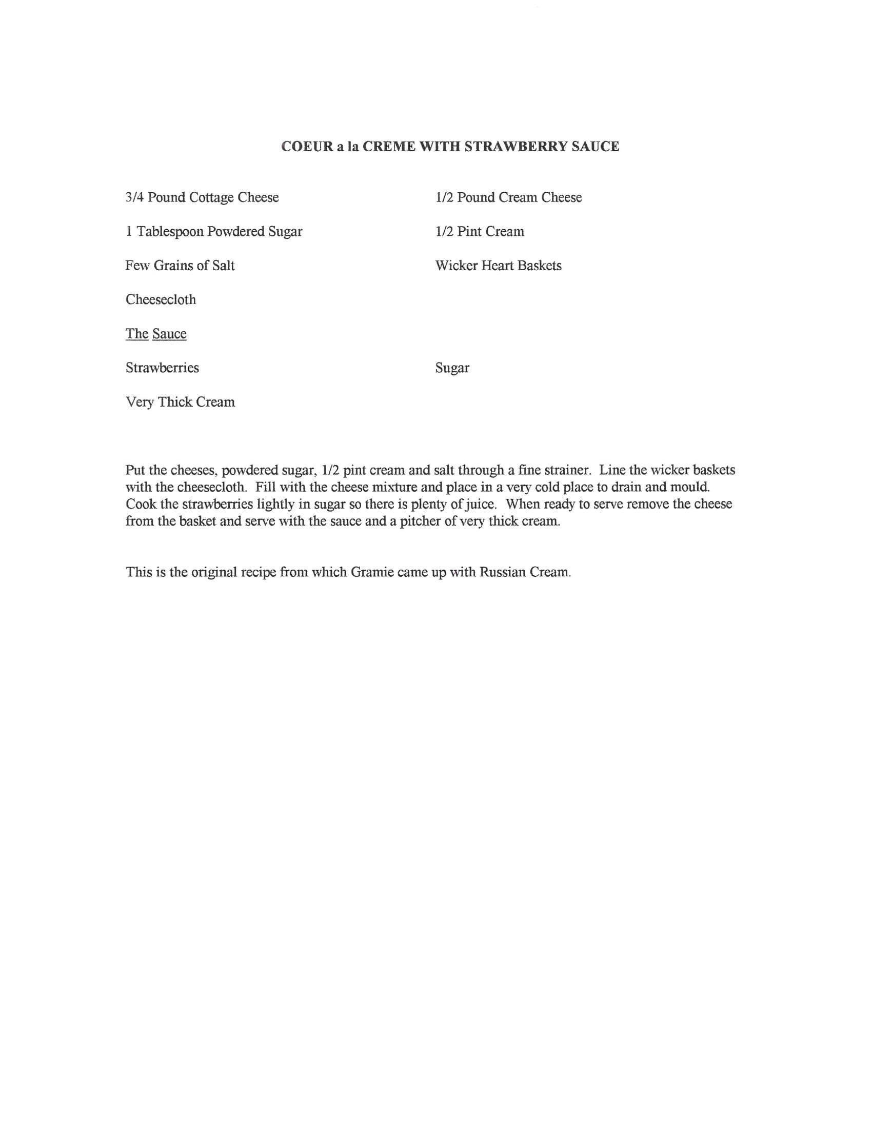 Original cookbook page for Coeur a La Creme with Strawberry Sauce