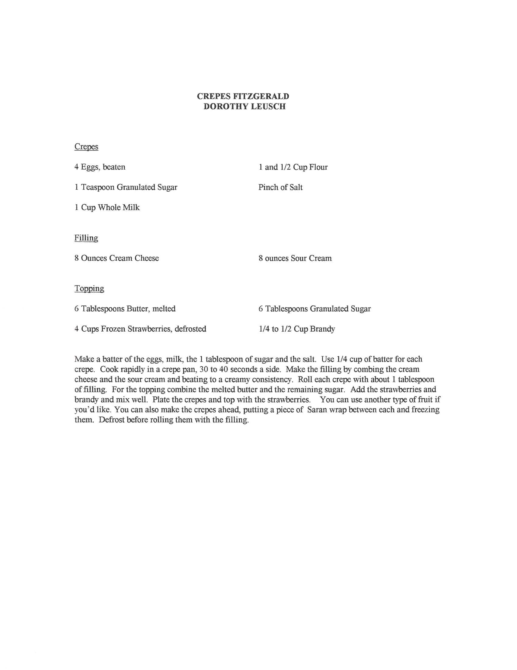 Original cookbook page for Crepes Fitzgerald