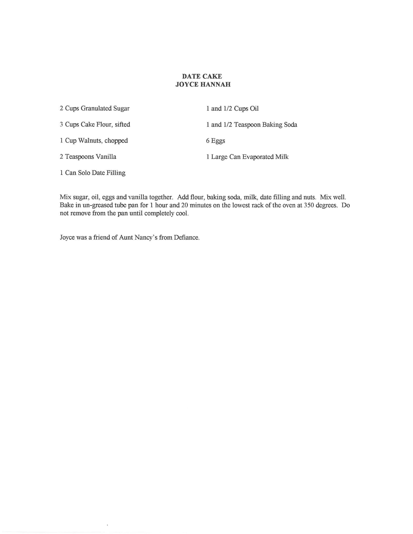 Original cookbook page for Date Cake