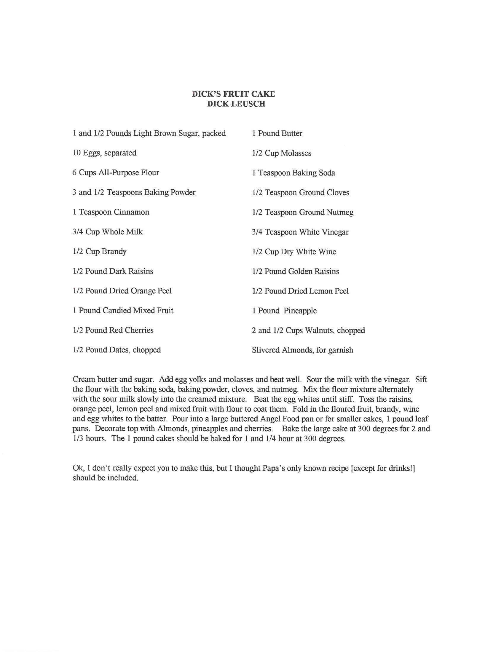 Original cookbook page for Dick's Fruit Cake