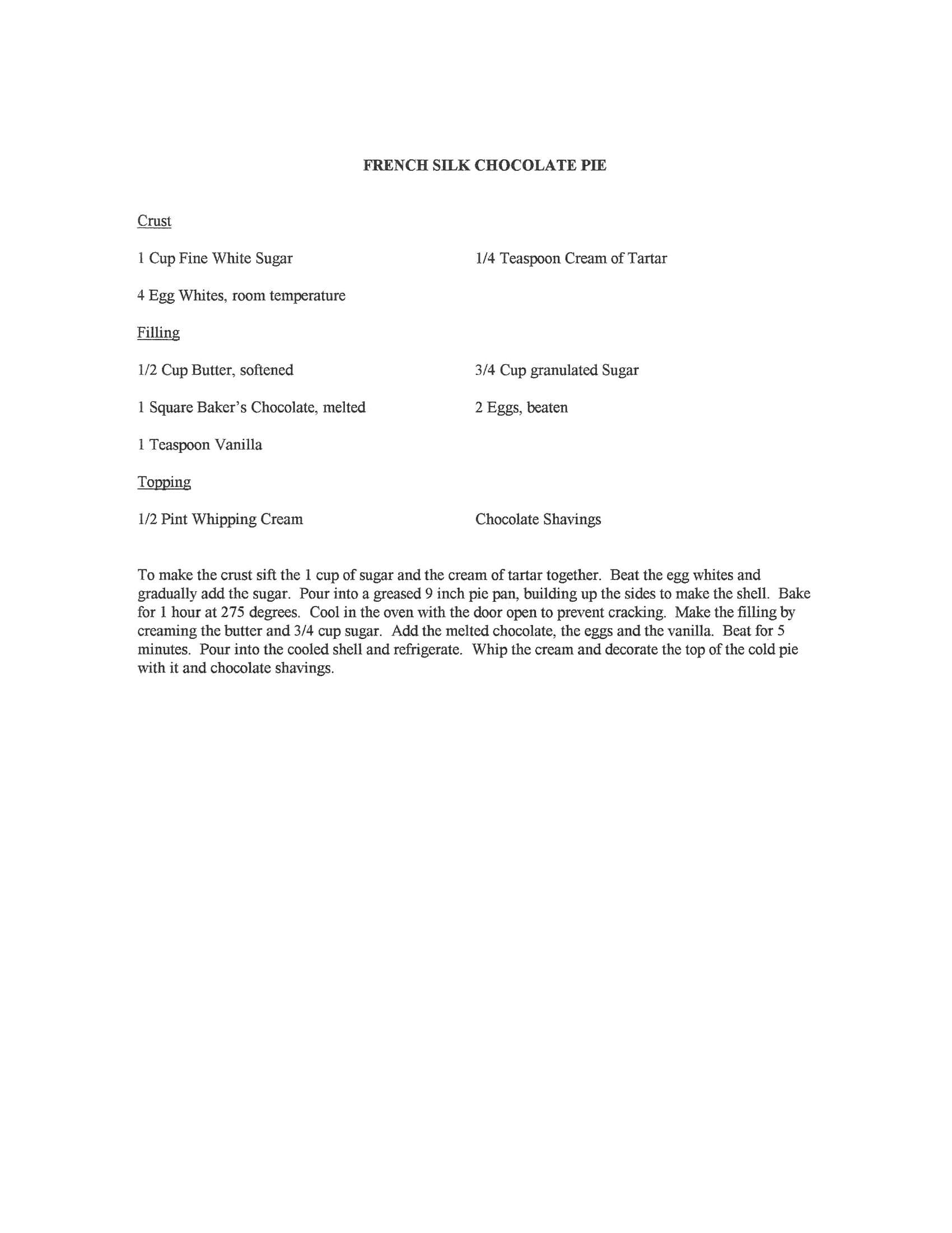 Original cookbook page for French Silk Chocolate Pie