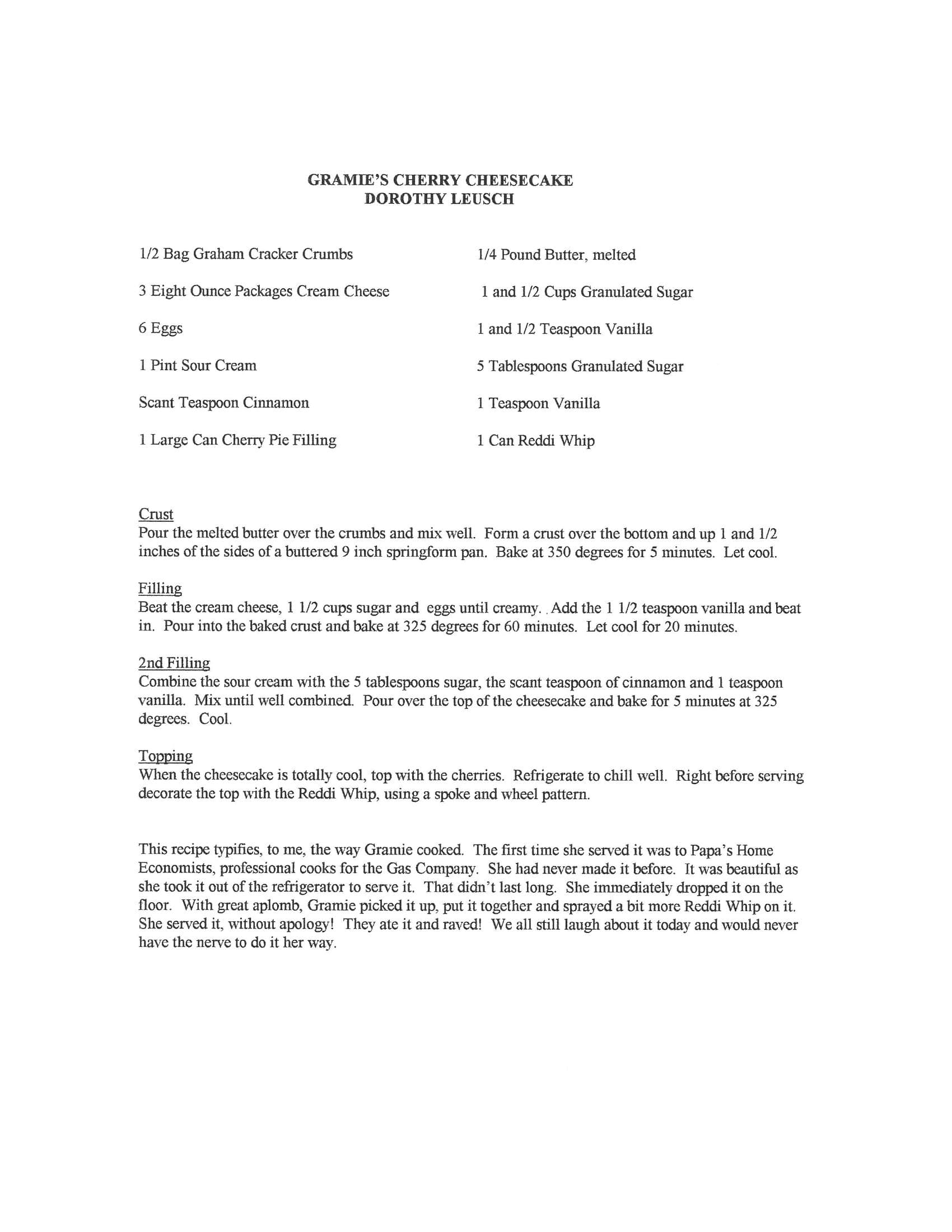 Original cookbook page for Gramie's Cherry Cheesecake