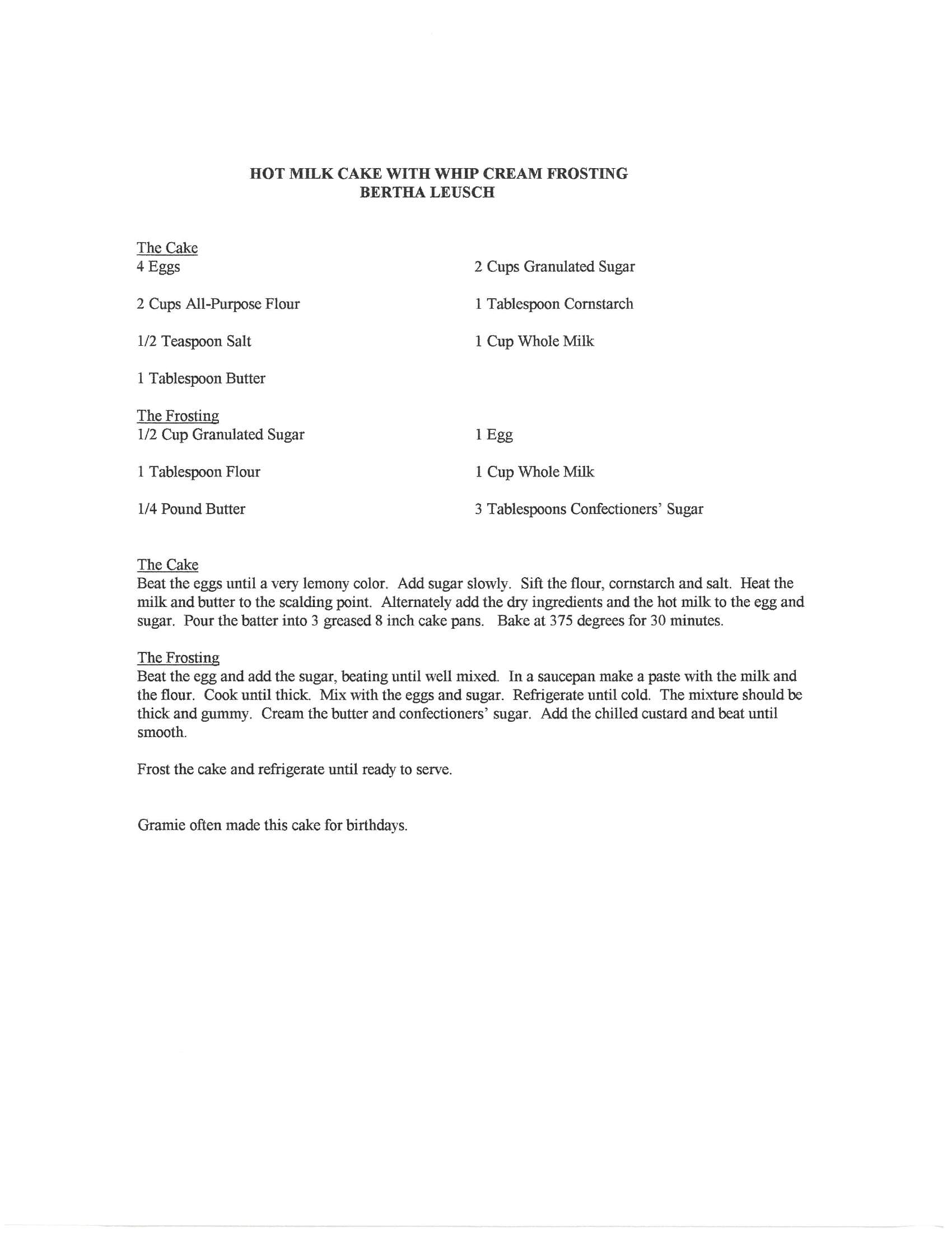 Original cookbook page for Hot Milk Cake with Whip Cream Frosting