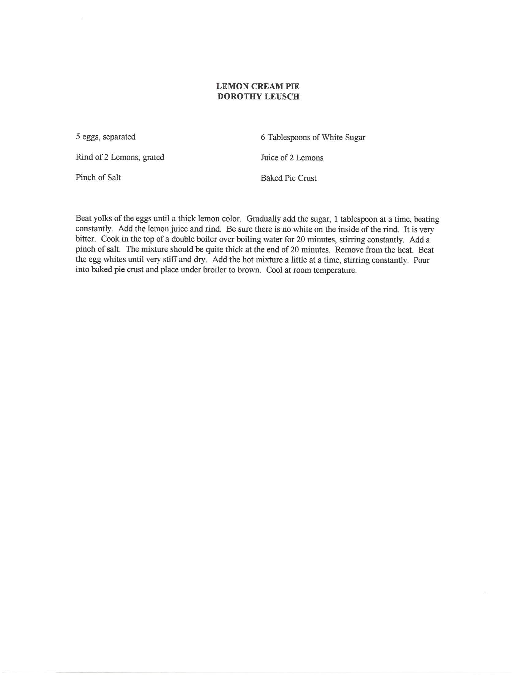 Original cookbook page for Lemon Cream Pie