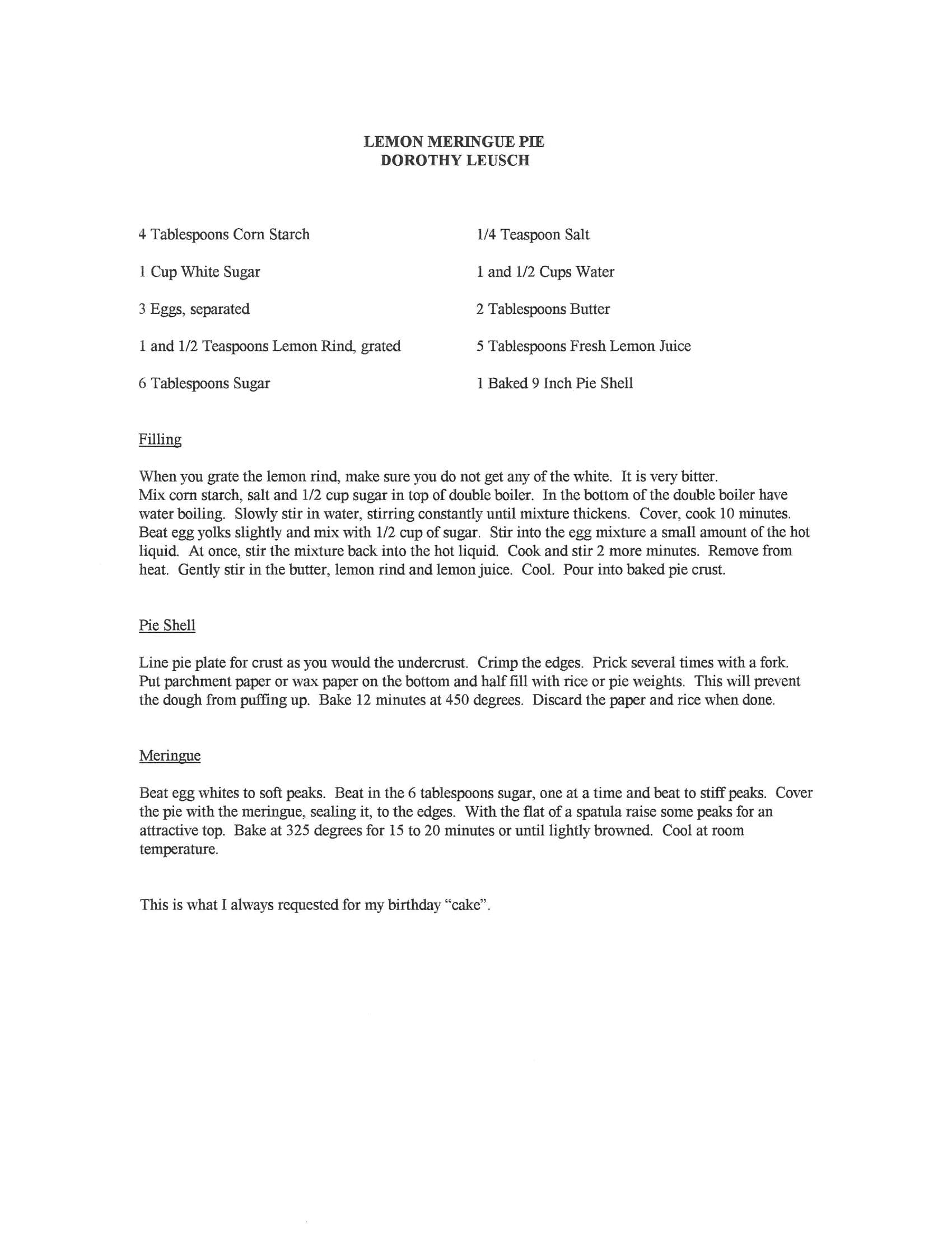Original cookbook page for Lemon Meringue Pie