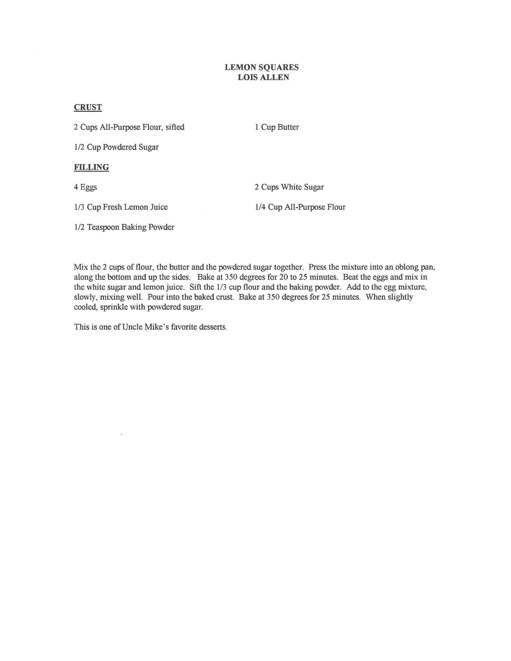 Original cookbook page for Lemon Squares