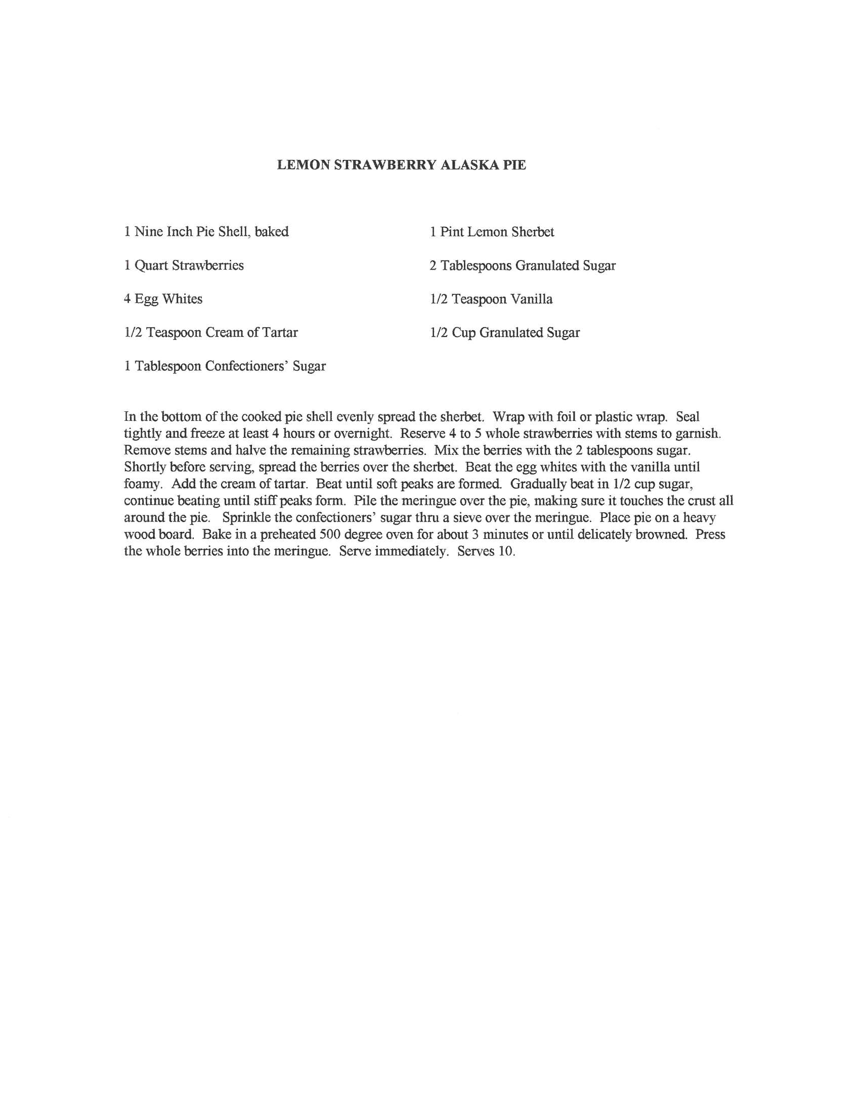 Original cookbook page for Lemon Strawberry Alaska Pie