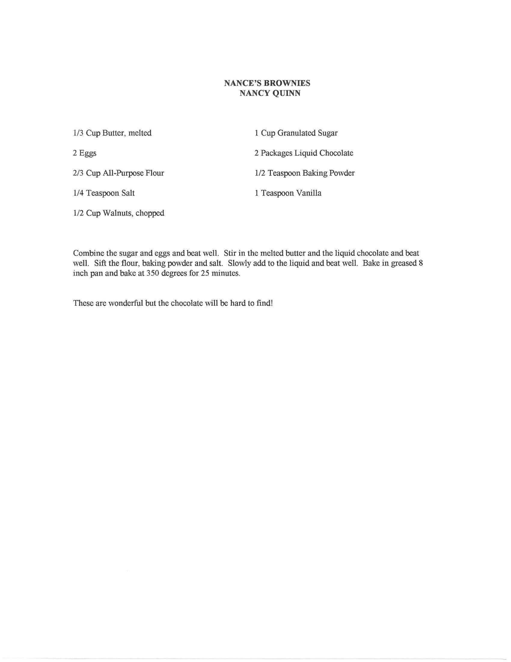 Original cookbook page for Nance's Brownies