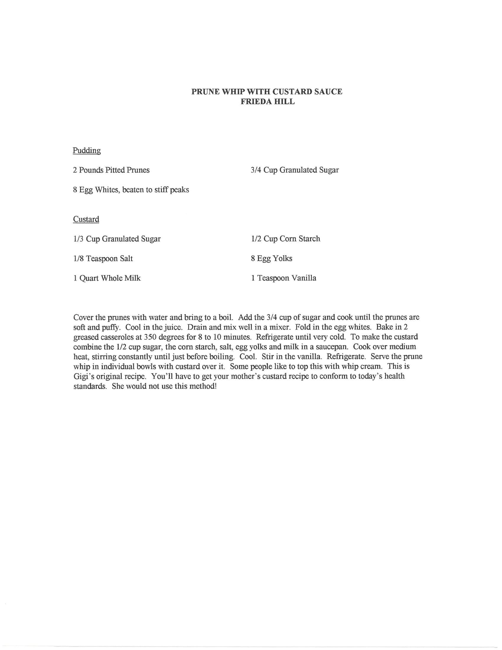 Original cookbook page for Prune Whip with Custard Sauce