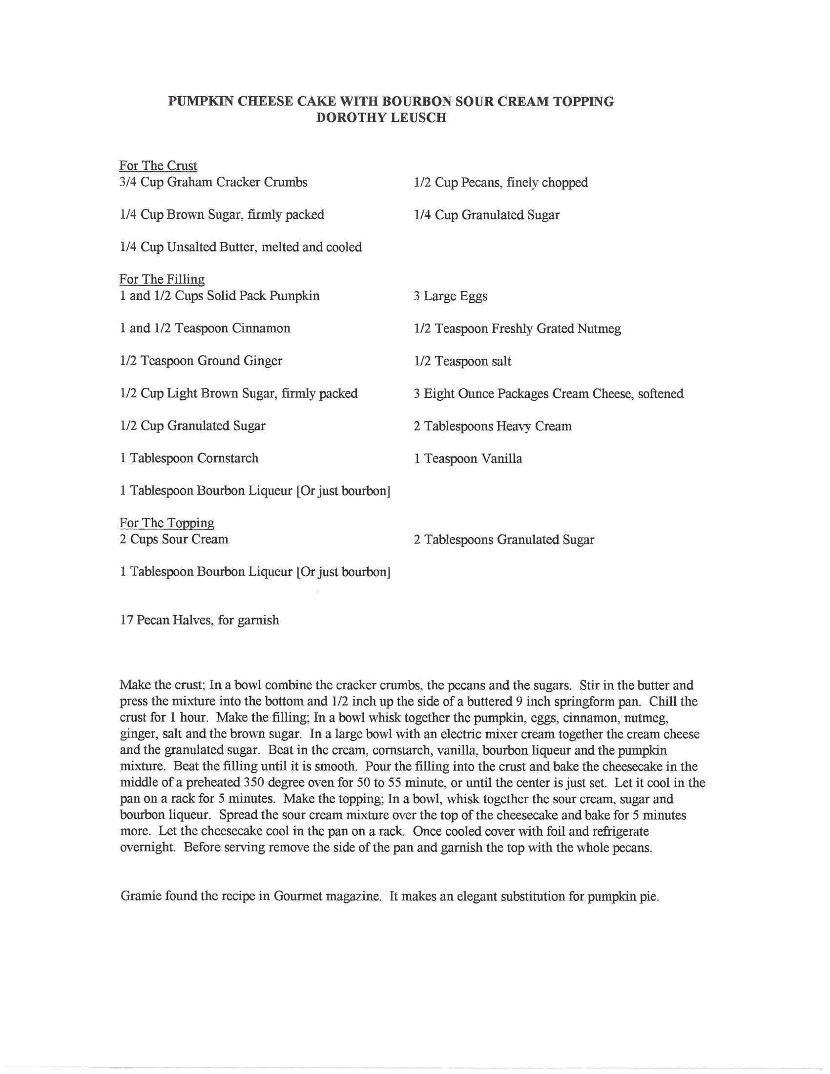 Original cookbook page for Pumpkin Cheese Cake with Bourbon Sour Cream Topping