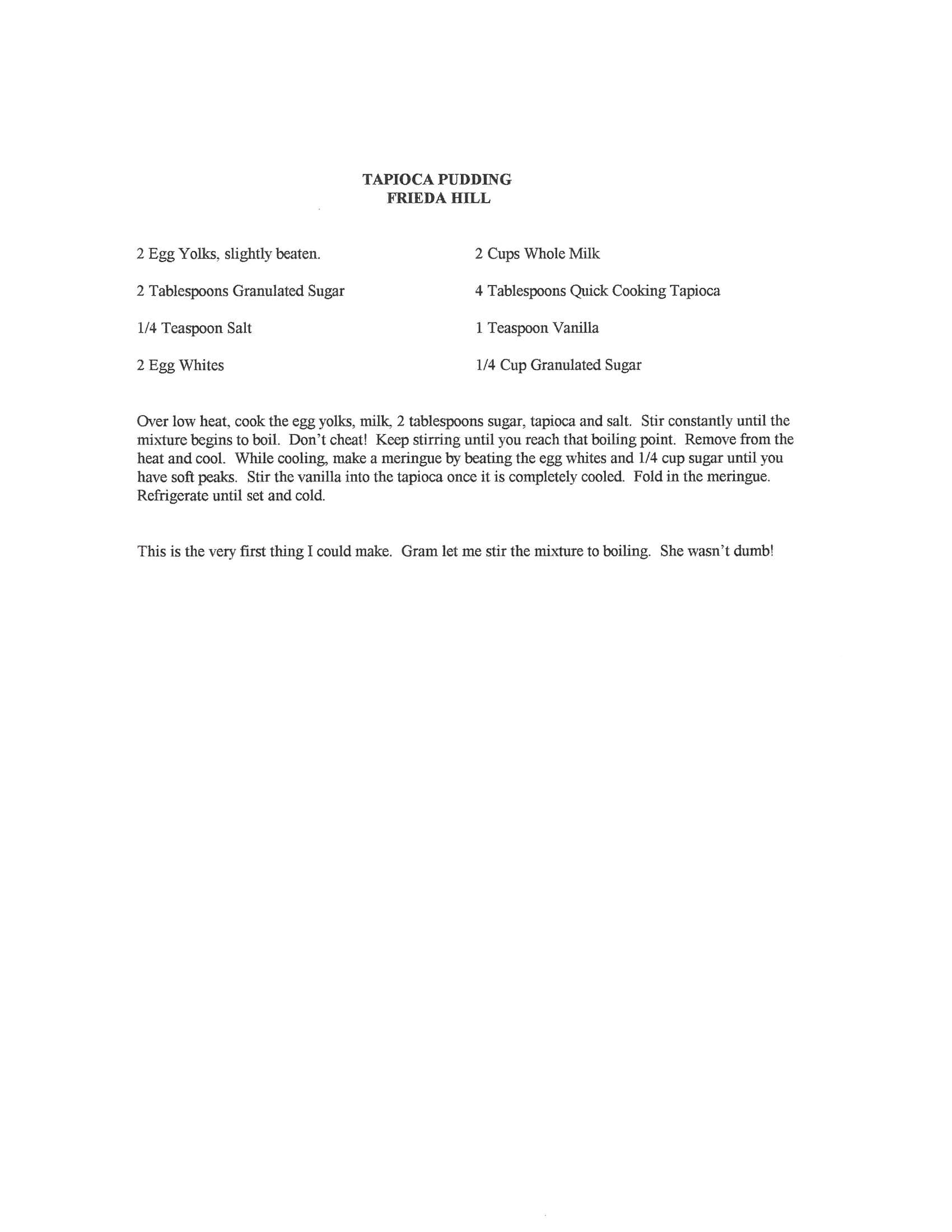 Original cookbook page for Tapioca Pudding