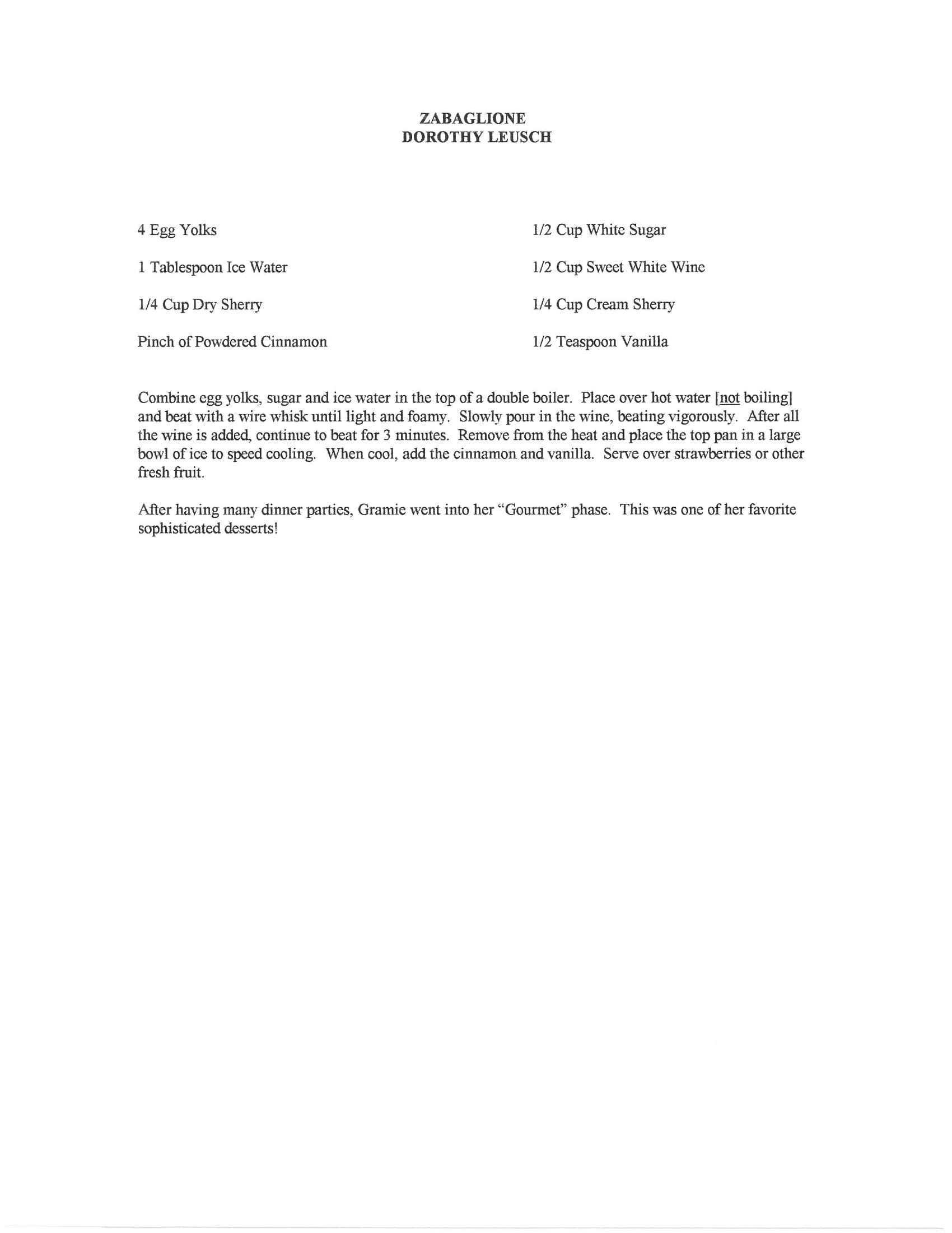 Original cookbook page for Zabaglione