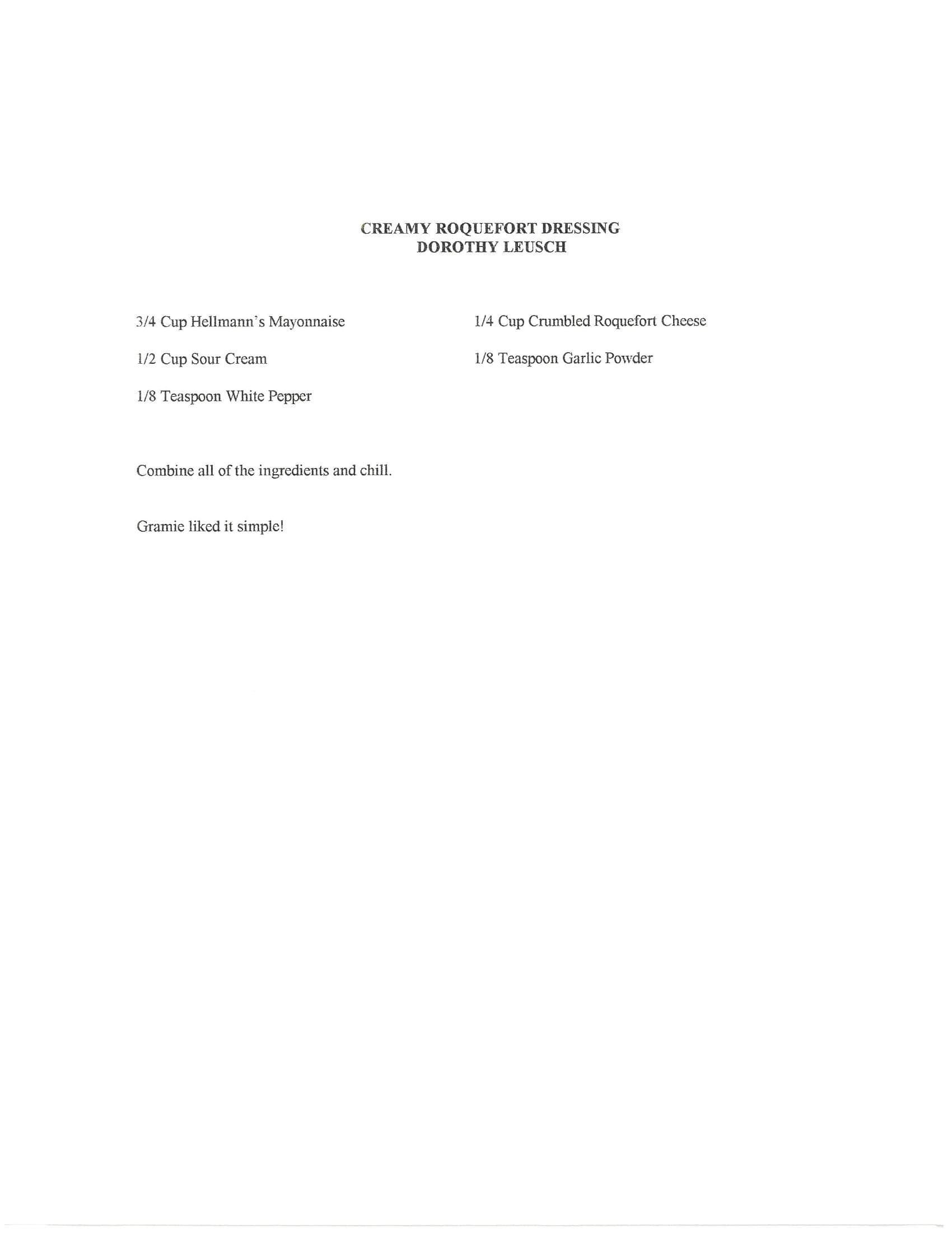Original cookbook page for Creamy Roquefort Dressing