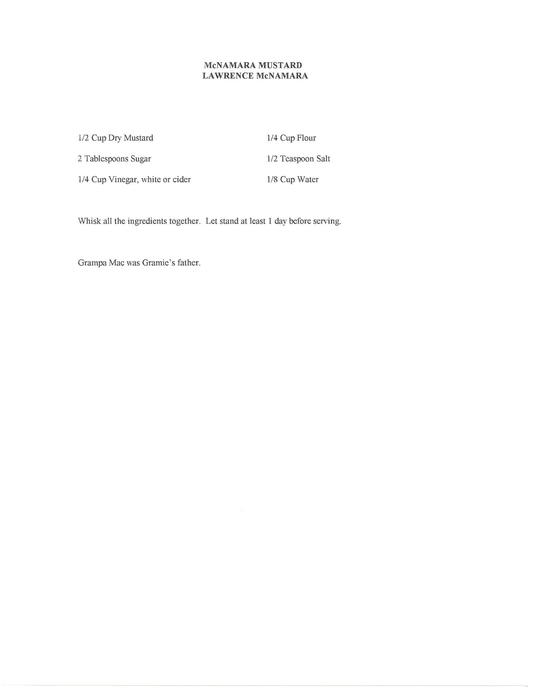 Original cookbook page for McNamara Mustard
