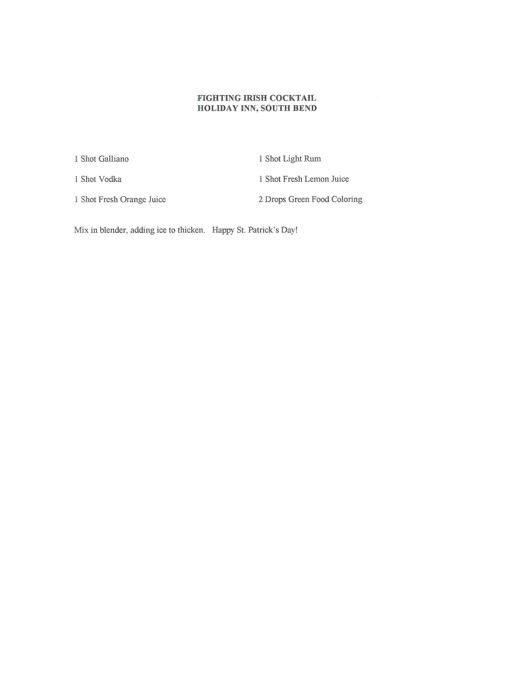 Original cookbook page for Fighting Irish Cocktail